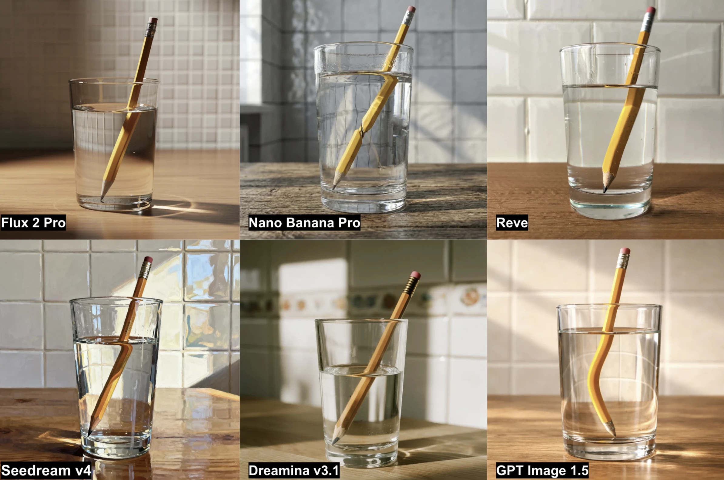 Results from the 6 AI image generators on the glass refraction task.