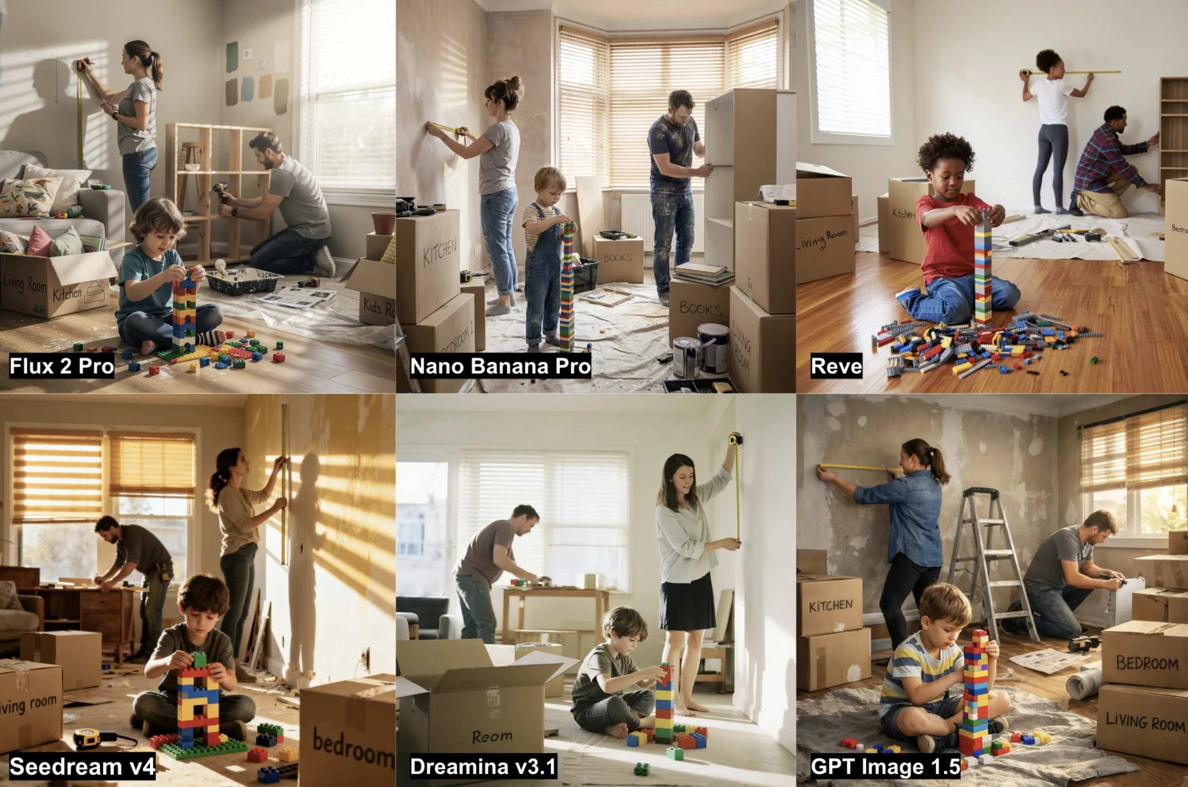 Results from the 6 AI image generators on the living room renovation task, involving parallel actions.