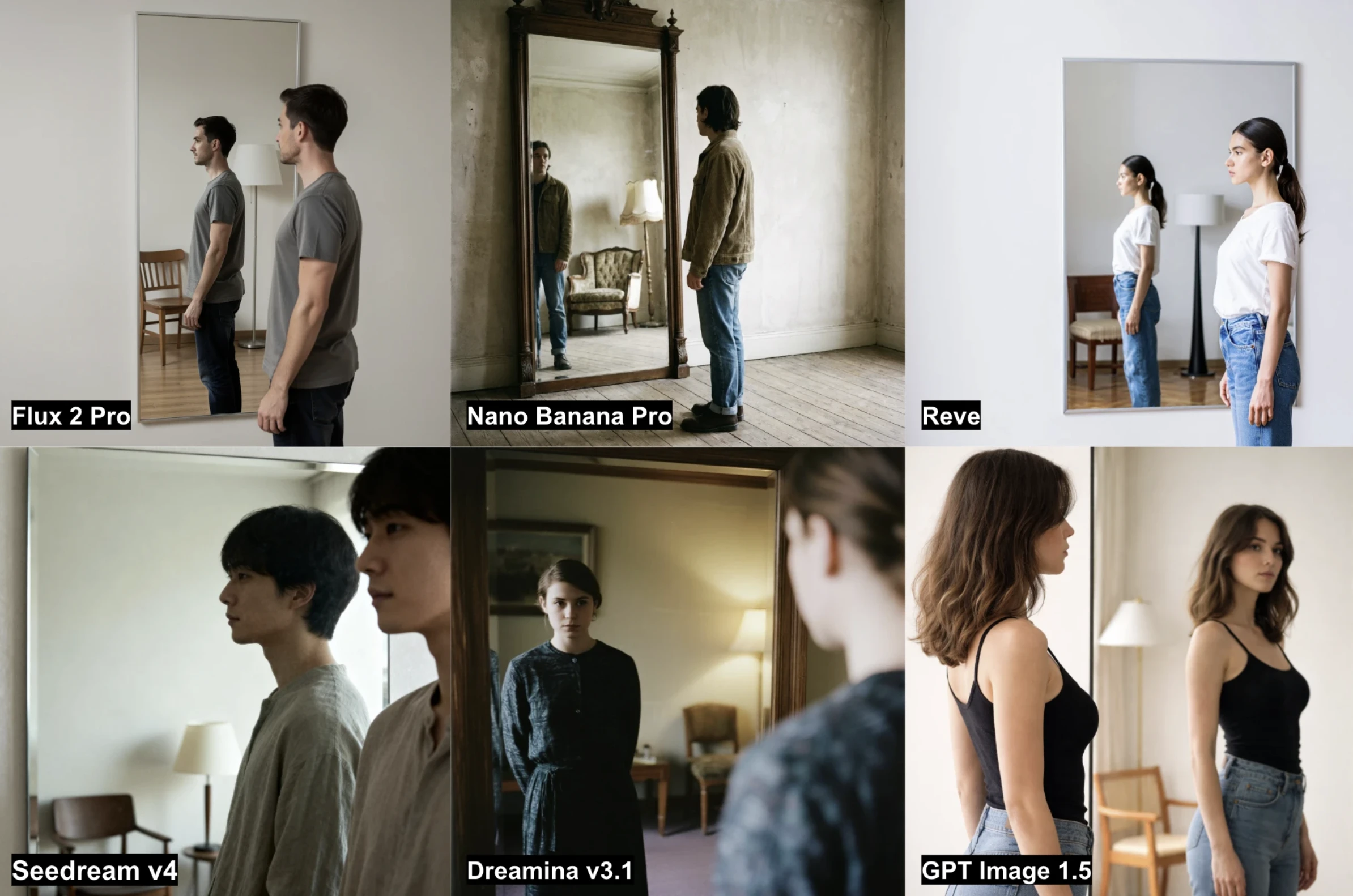 Results from the 6 AI image generators on the mirror task, showing a sideways person with objects visible only in reflection.