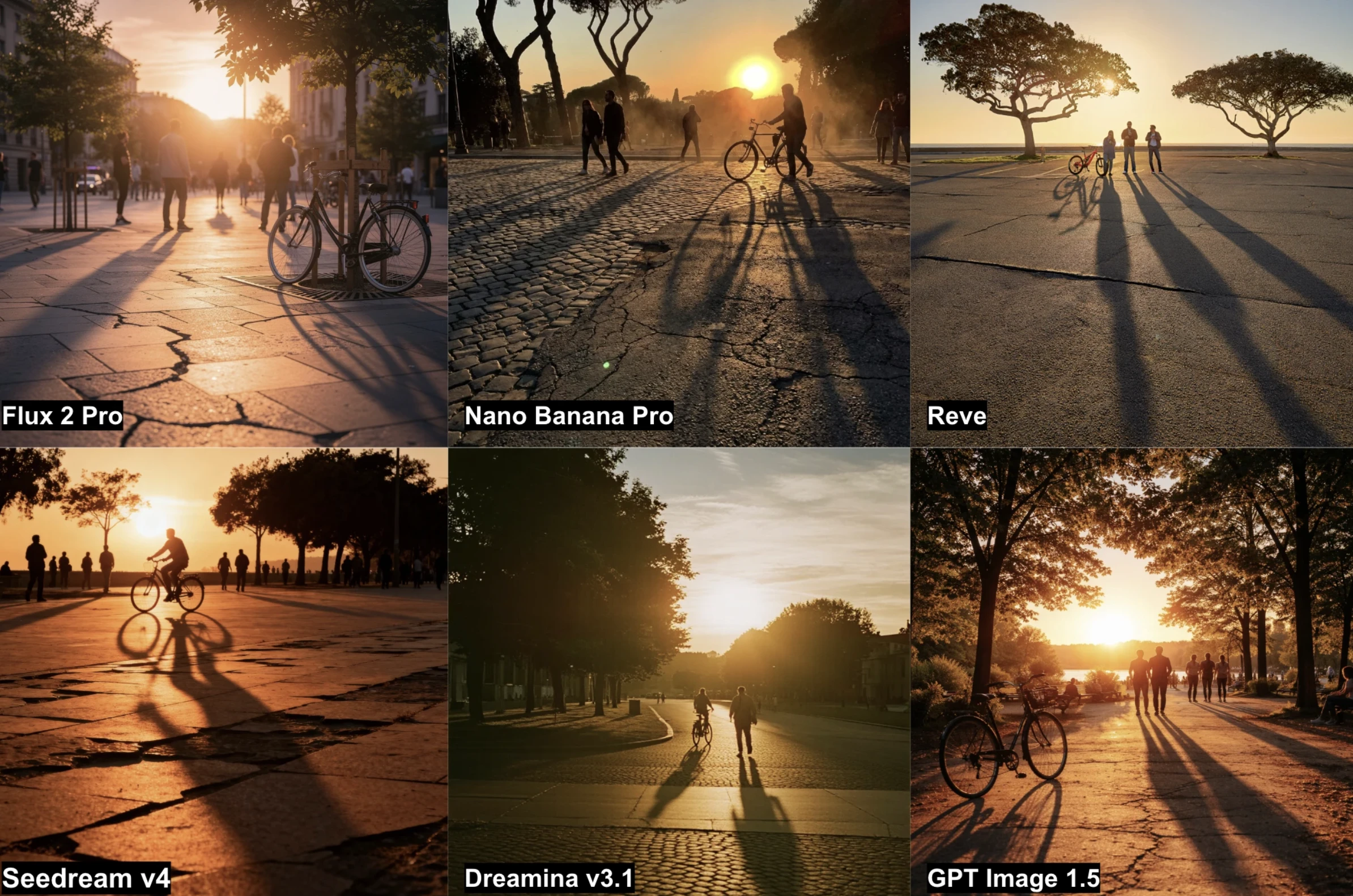 Results from the 6 text-to-image generators on the shadow task at sunset, with long, aligned shadows.