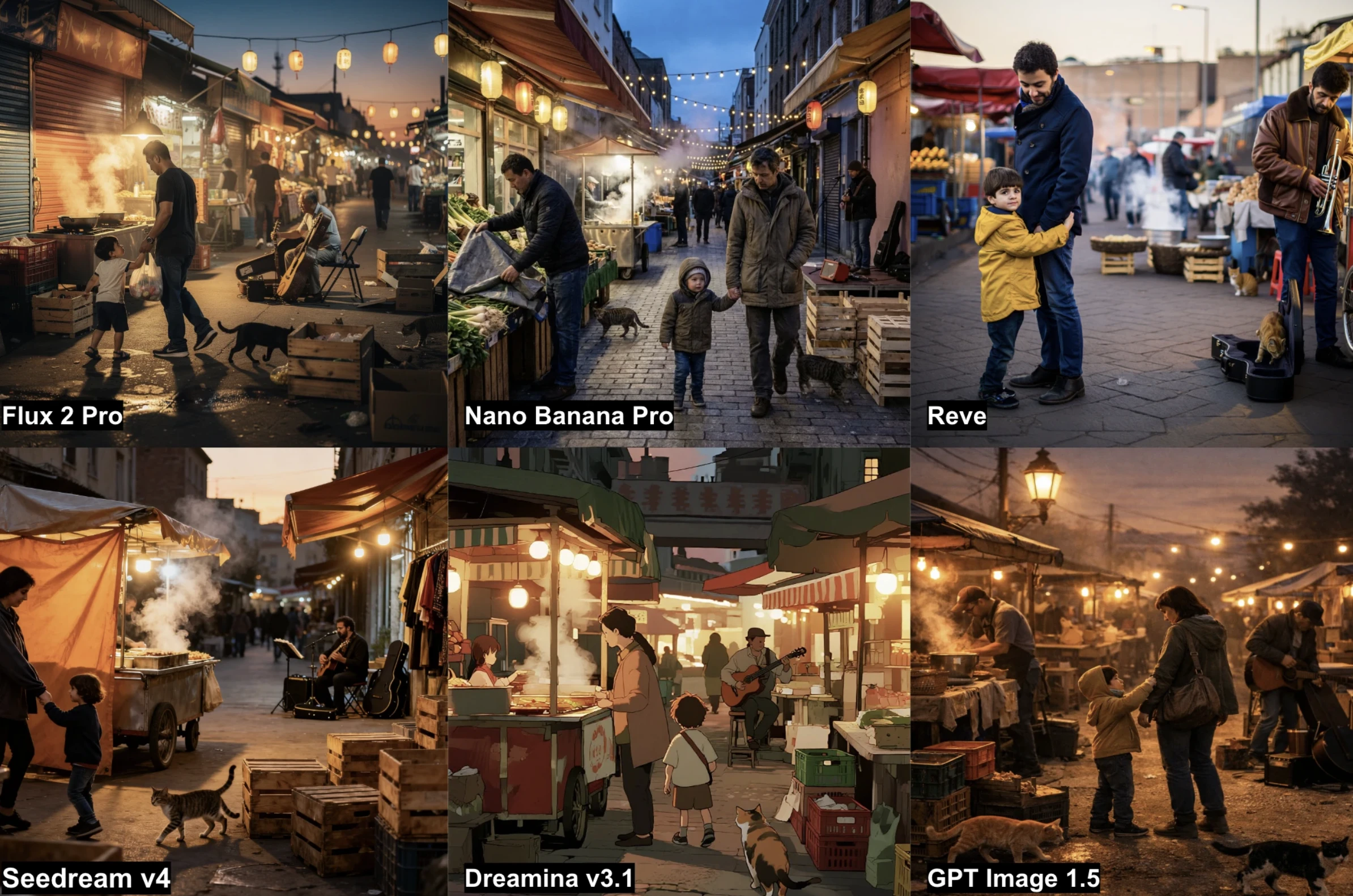 Results from the 6 AI image generators on the street market task at dusk, showing vendors closing their stalls.