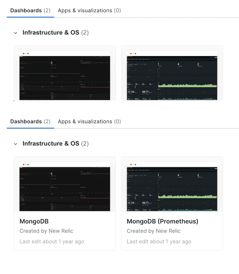 New Relic search results showing "MongoDB" and "MongoDB (Prometheus)" dashboard options New Relic search results showing "MongoDB" and "MongoDB (Prometheus)" dashboard options
