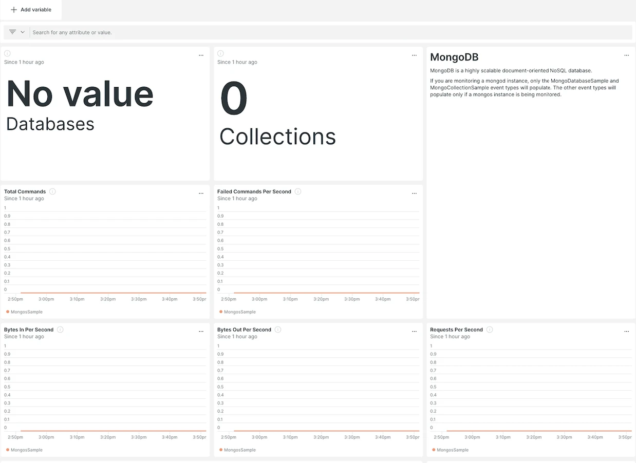 New Relic search results showing "MongoDB" and "MongoDB (Prometheus)" dashboard options New Relic search results showing "MongoDB" and "MongoDB (Prometheus)" dashboard options