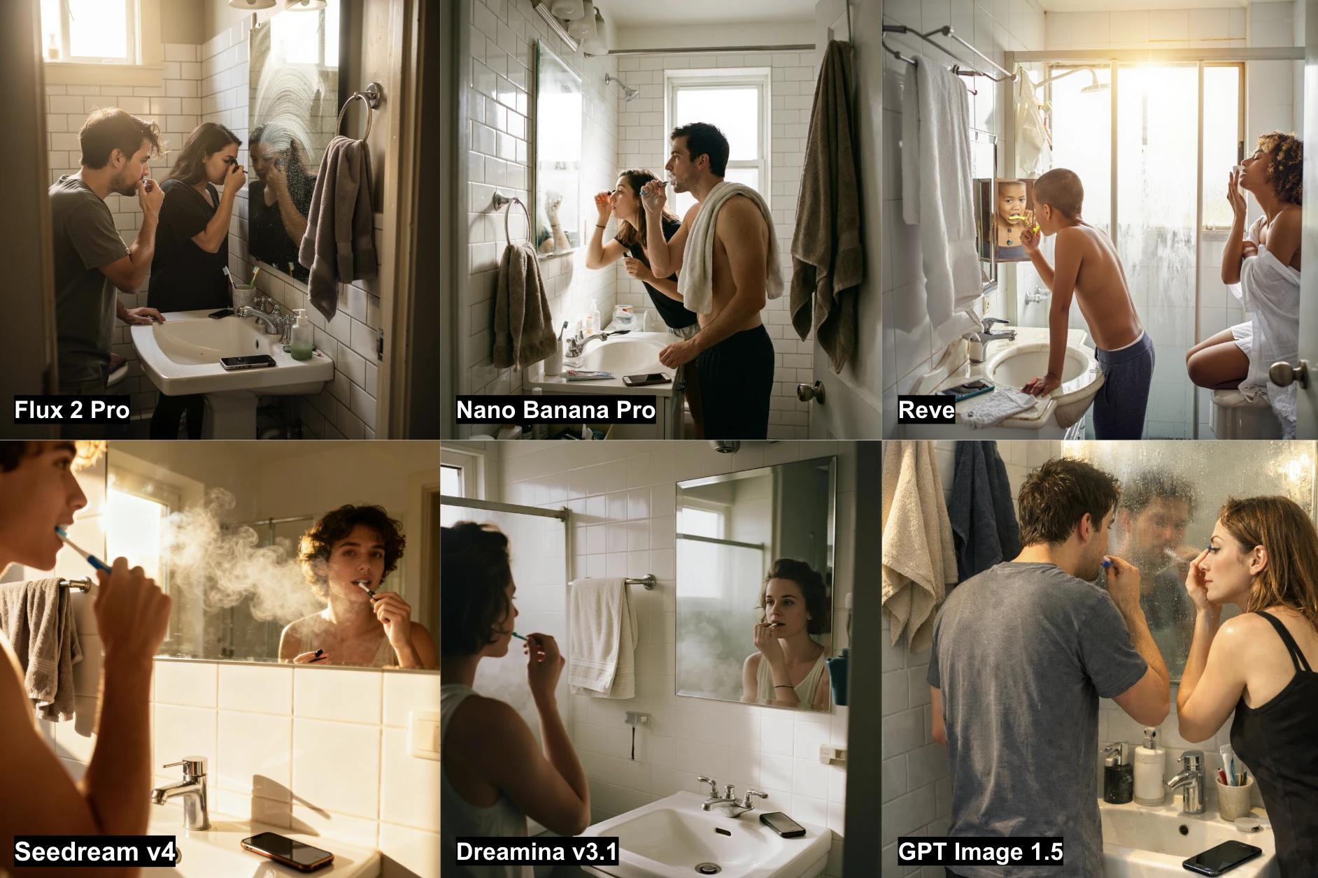 Résultats des 6 générateurs d'images IA sur la tâche de la salle de bain, montrant deux personnes, de la buée sur le miroir et un désordre visible. Résultats des 6 générateurs d'images IA sur la tâche de la salle de bain, montrant deux personnes, de la buée sur le miroir et un désordre visible.
