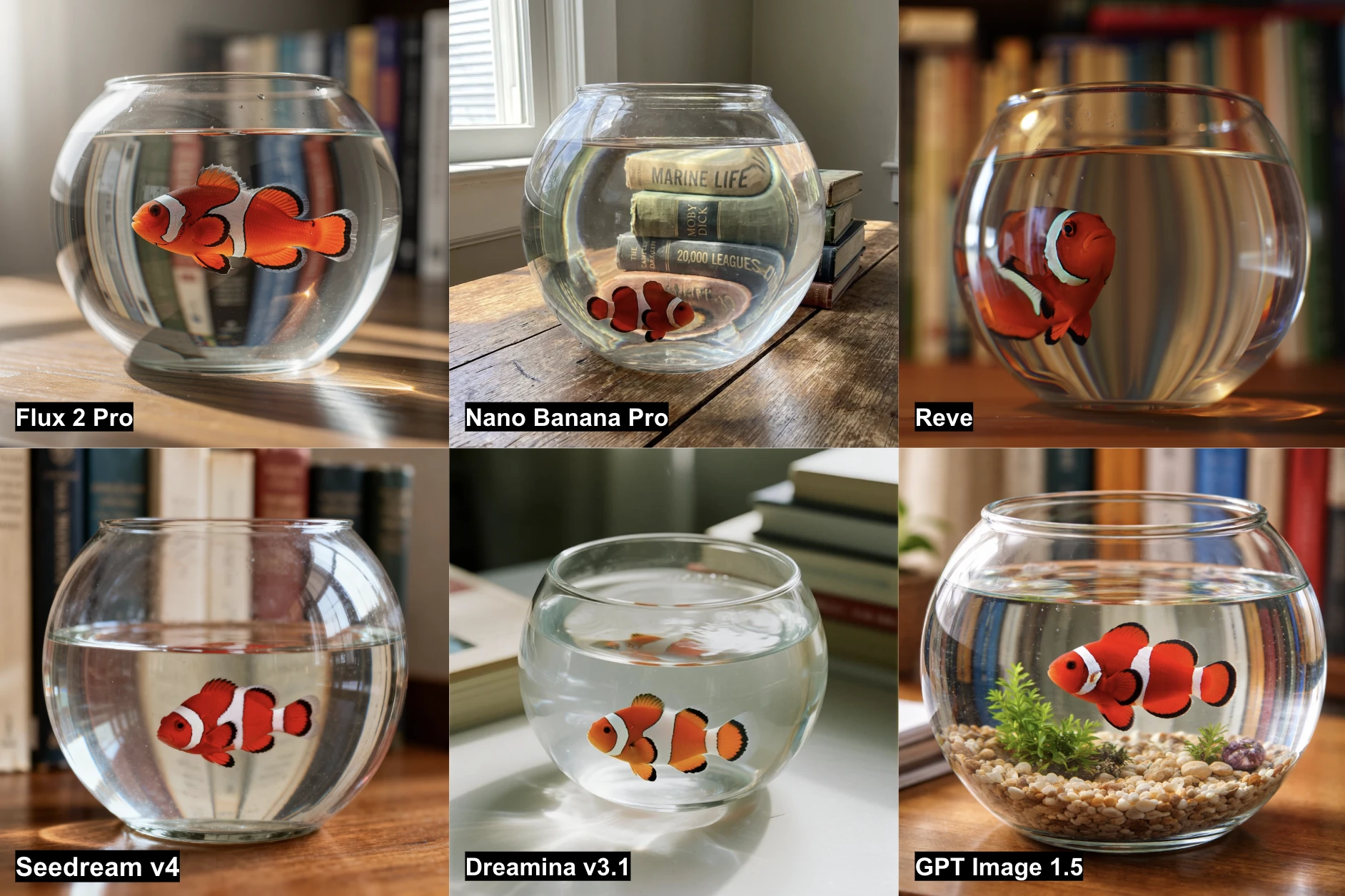 Résultats des 6 générateurs d'images IA représentant un poisson-clown dans un bocal en verre avec une distorsion de l'arrière-plan. Résultats des 6 générateurs d'images IA représentant un poisson-clown dans un bocal en verre avec une distorsion de l'arrière-plan.
