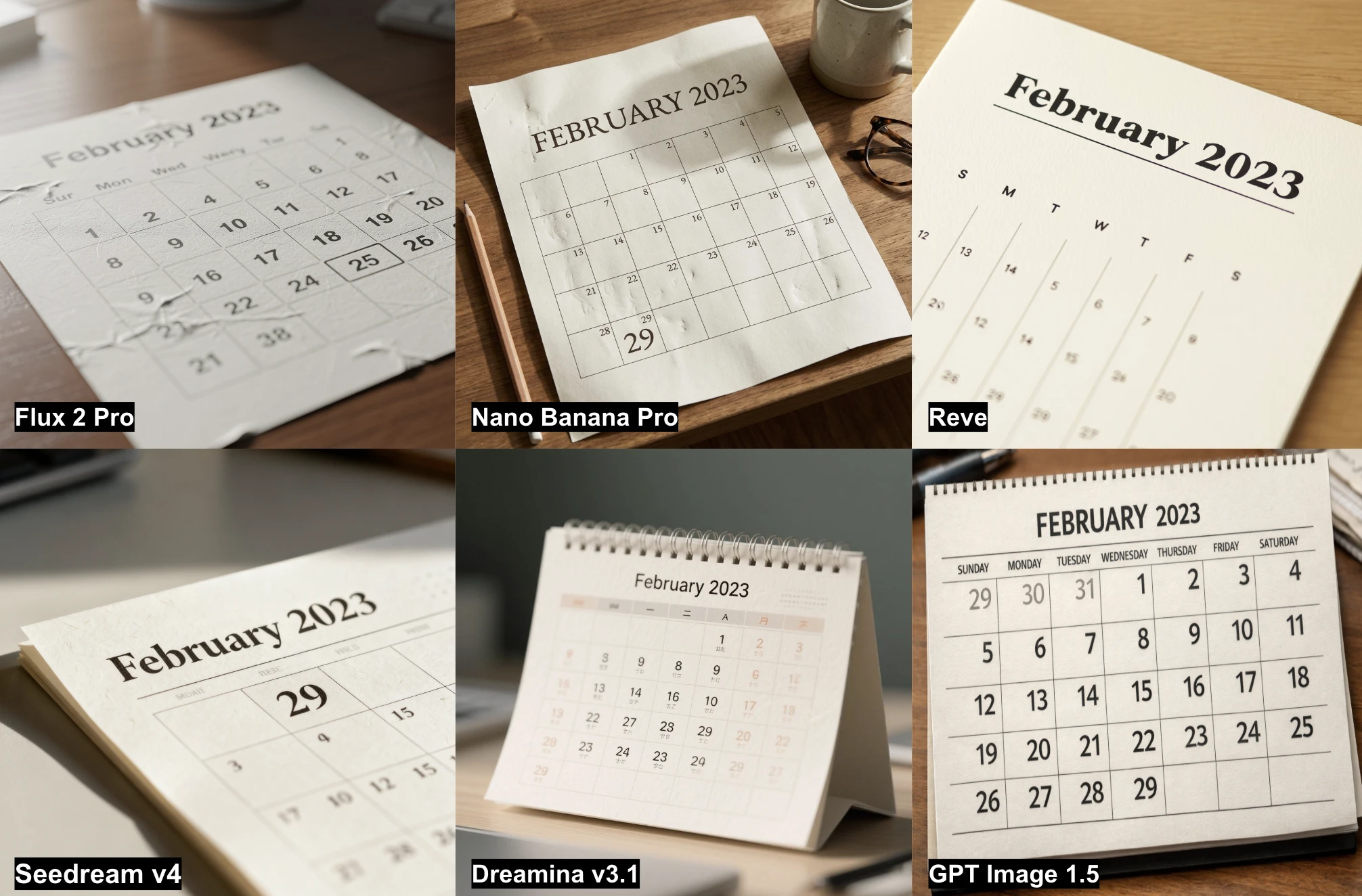 Résultats de 6 générateurs d'images IA sur la tâche du calendrier, représentant une date impossible (29 février 2023). Résultats de 6 générateurs d'images IA sur la tâche du calendrier, représentant une date impossible (29 février 2023).