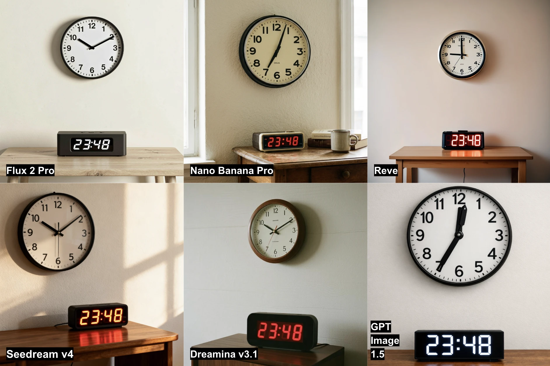 Résultats de 6 générateurs d'images IA sur la tâche des horloges, présentant une horloge analogique et une horloge numérique affichant des heures contradictoires. Résultats de 6 générateurs d'images IA sur la tâche des horloges, présentant une horloge analogique et une horloge numérique affichant des heures contradictoires.
