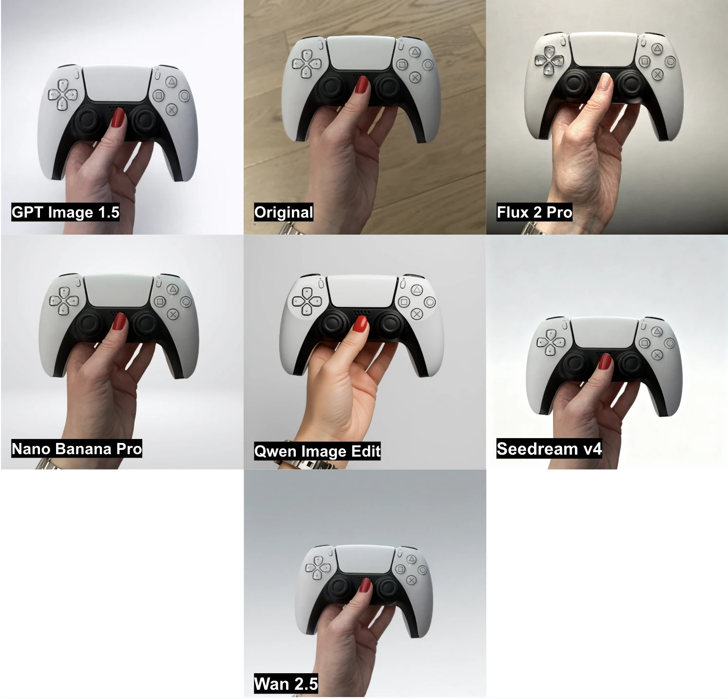 Imagen que muestra siete versiones diferentes de una mano sosteniendo un mando de videojuegos.