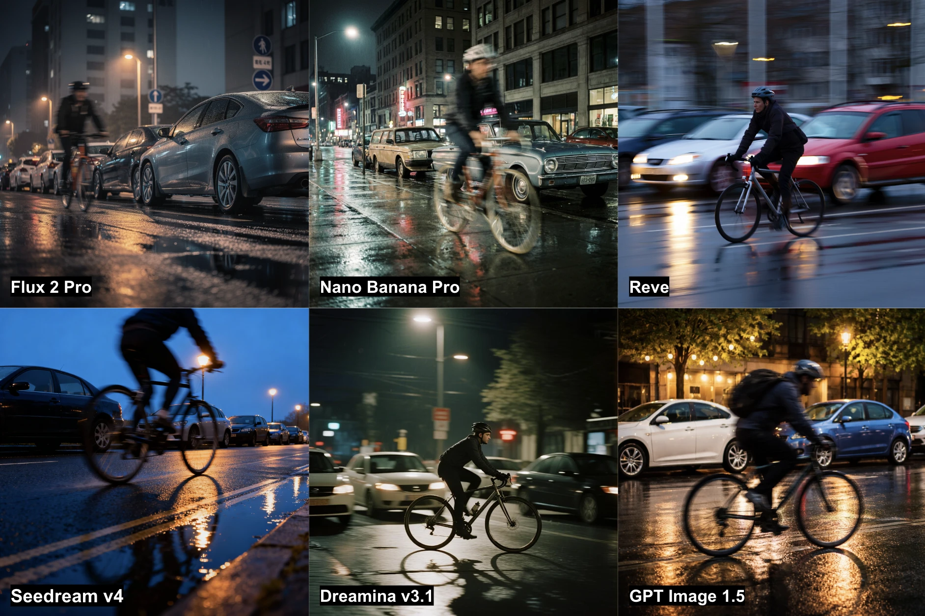 Résultats des 6 générateurs d'images IA sur la tâche du cycliste, présentant un flou de mouvement sur un fond net. Résultats des 6 générateurs d'images IA sur la tâche du cycliste, présentant un flou de mouvement sur un fond net.