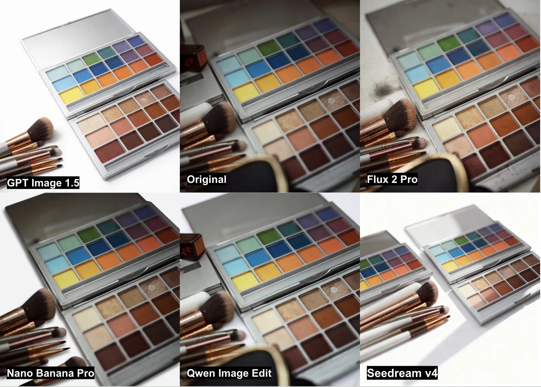 Imagen que muestra seis versiones diferentes de una paleta de maquillaje y brochas.