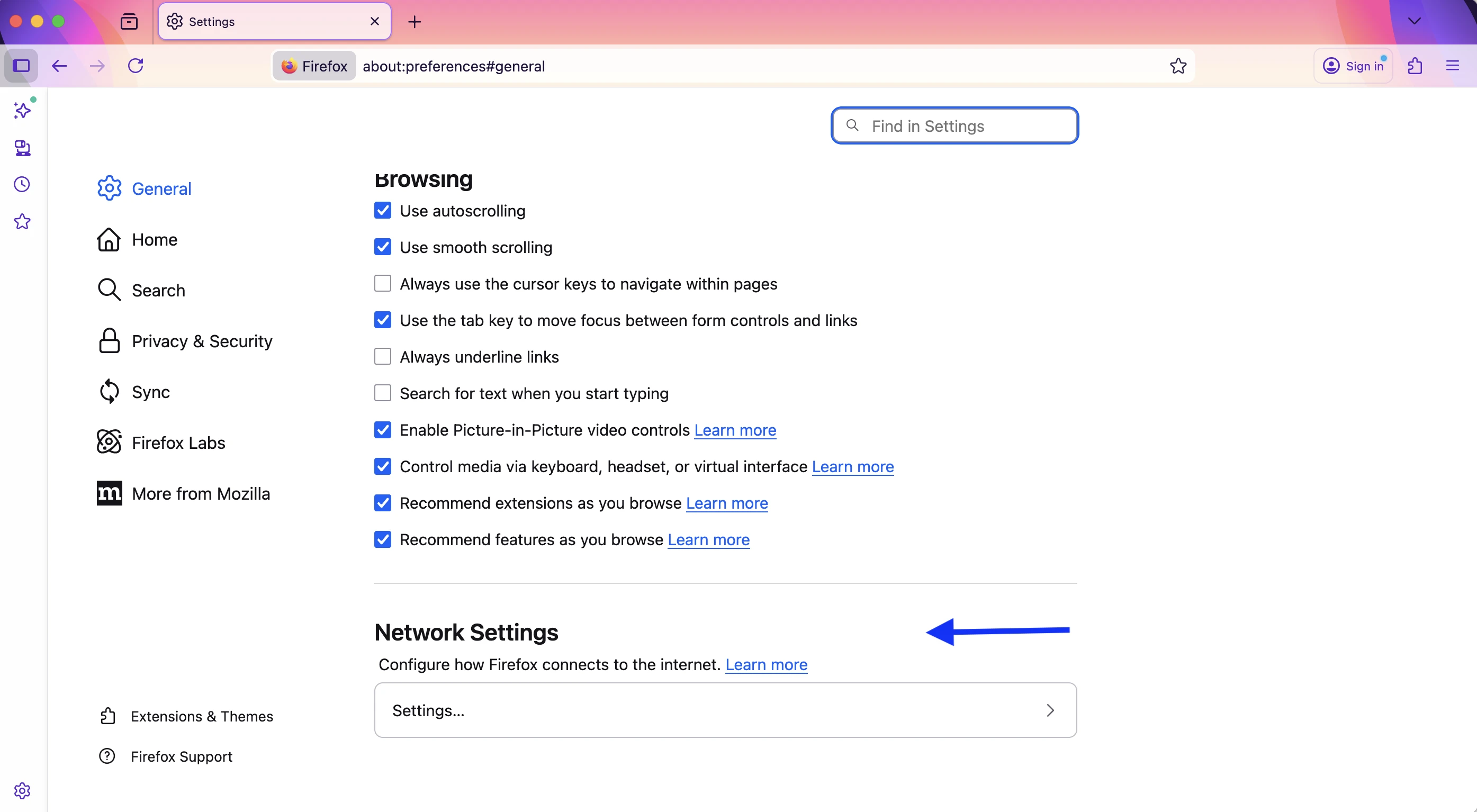 Localizando as configurações de rede no Mozilla Firefox para configuração nativa do SOCKS5 