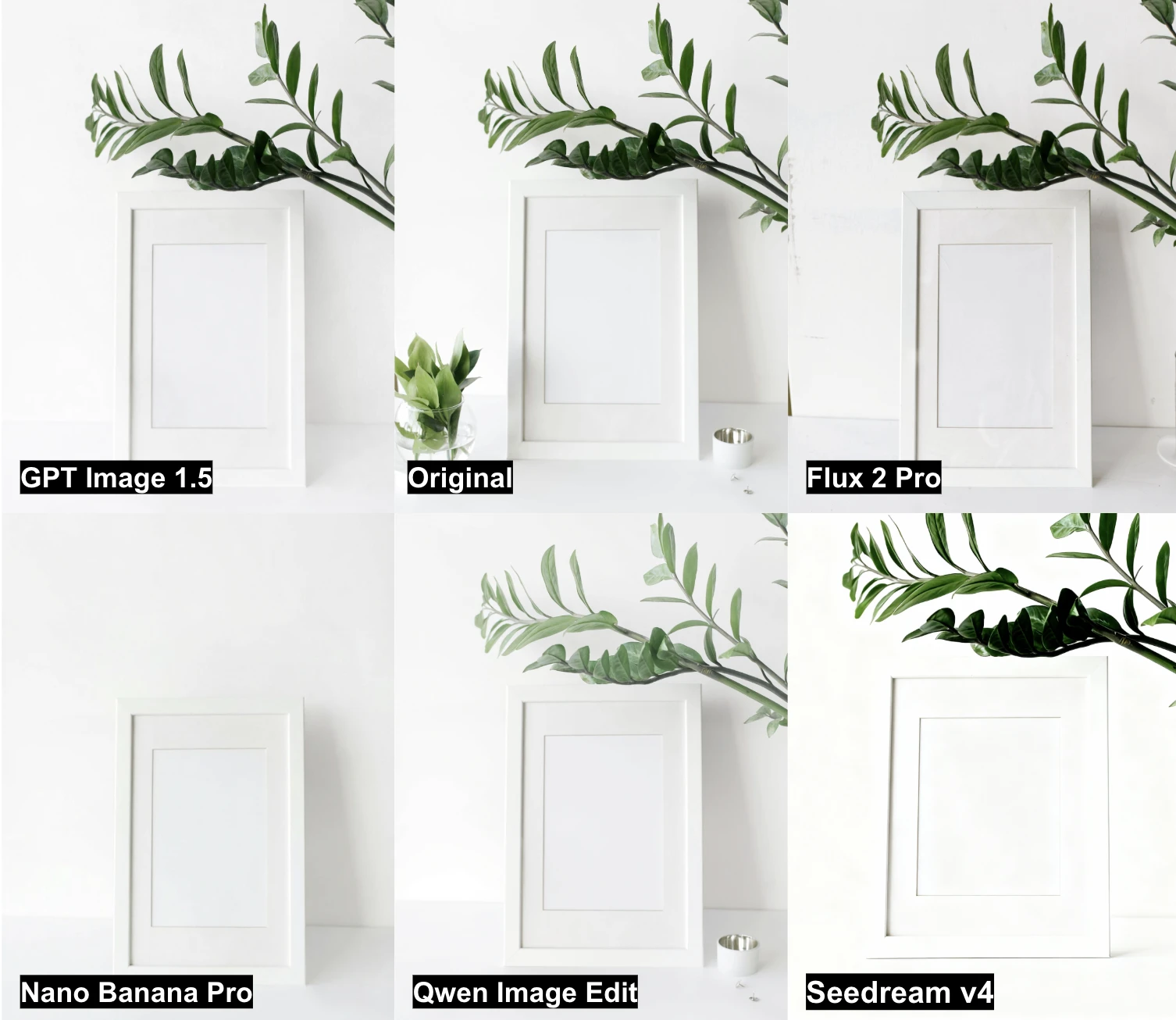 Imagen que muestra seis versiones diferentes de un marco blanco con una escena de plantas verdes.