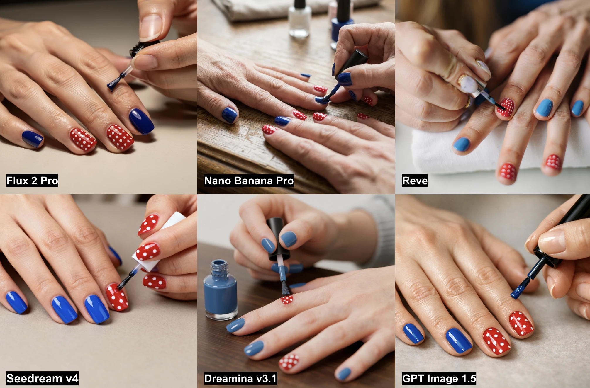 Résultats de 6 générateurs d'images IA sur la tâche des mains, nécessitant la peinture des ongles avec des contraintes spécifiques de couleur et de motif. Résultats de 6 générateurs d'images IA sur la tâche des mains, nécessitant la peinture des ongles avec des contraintes spécifiques de couleur et de motif.