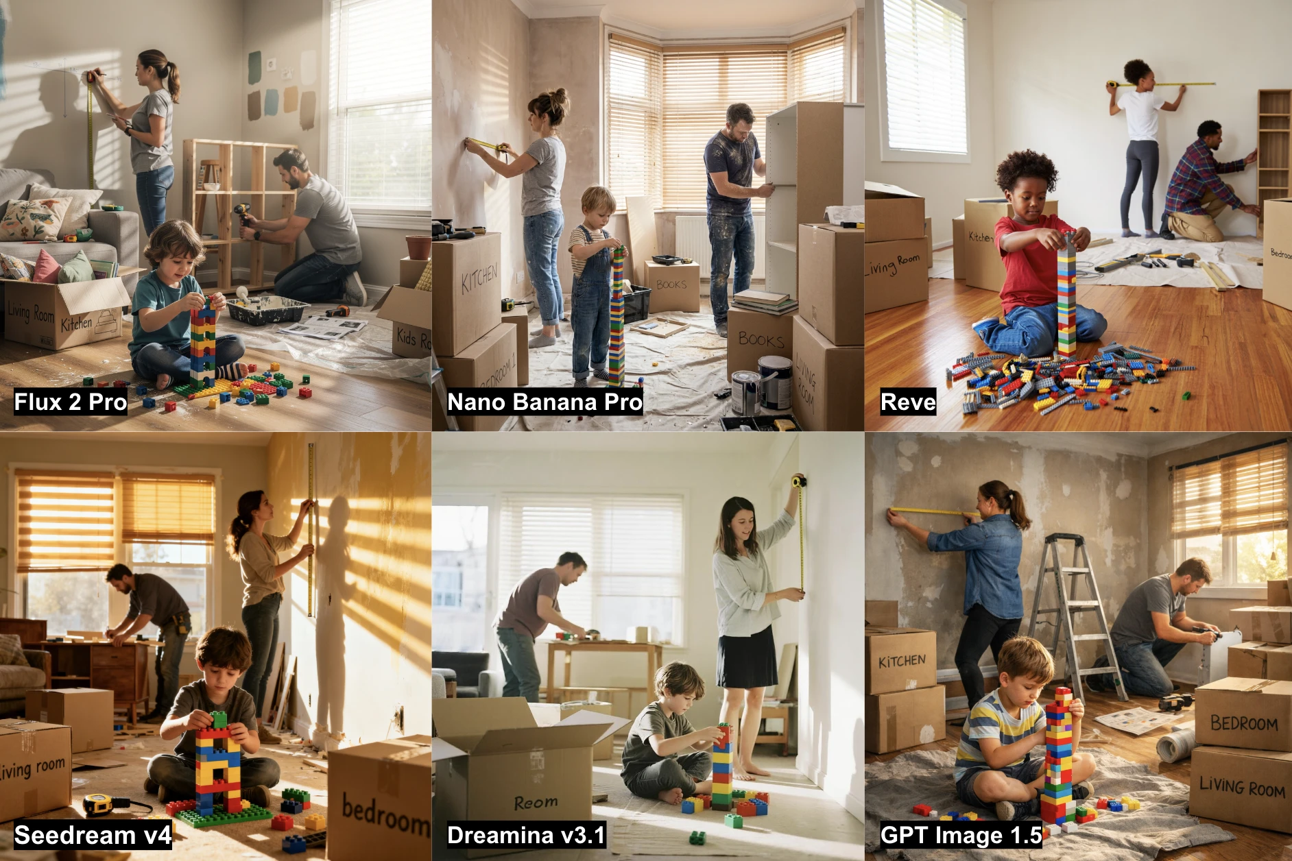 Résultats des 6 générateurs d'images IA sur la tâche de rénovation du salon, impliquant des actions parallèles. Résultats des 6 générateurs d'images IA sur la tâche de rénovation du salon, impliquant des actions parallèles.