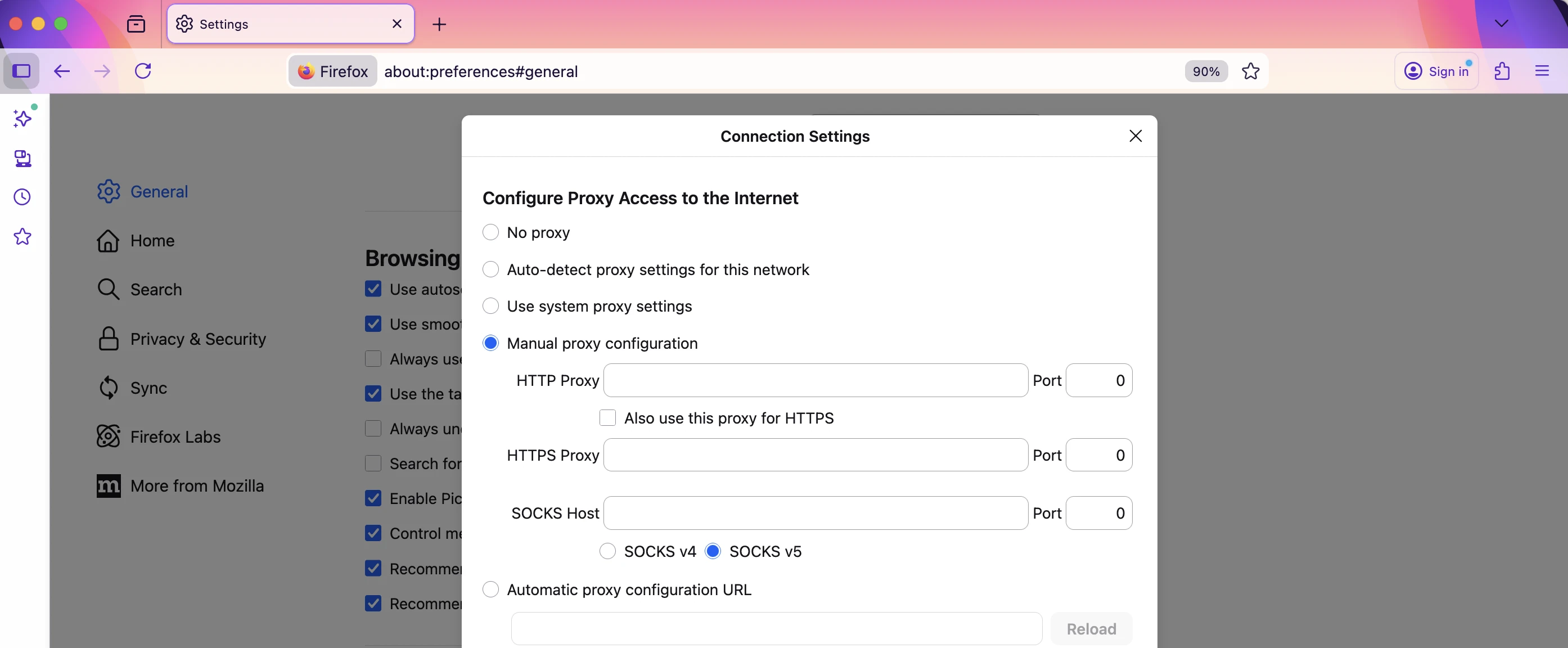 Configurando manualmente o host e a porta SOCKS5 nas configurações de conexão do Firefox 