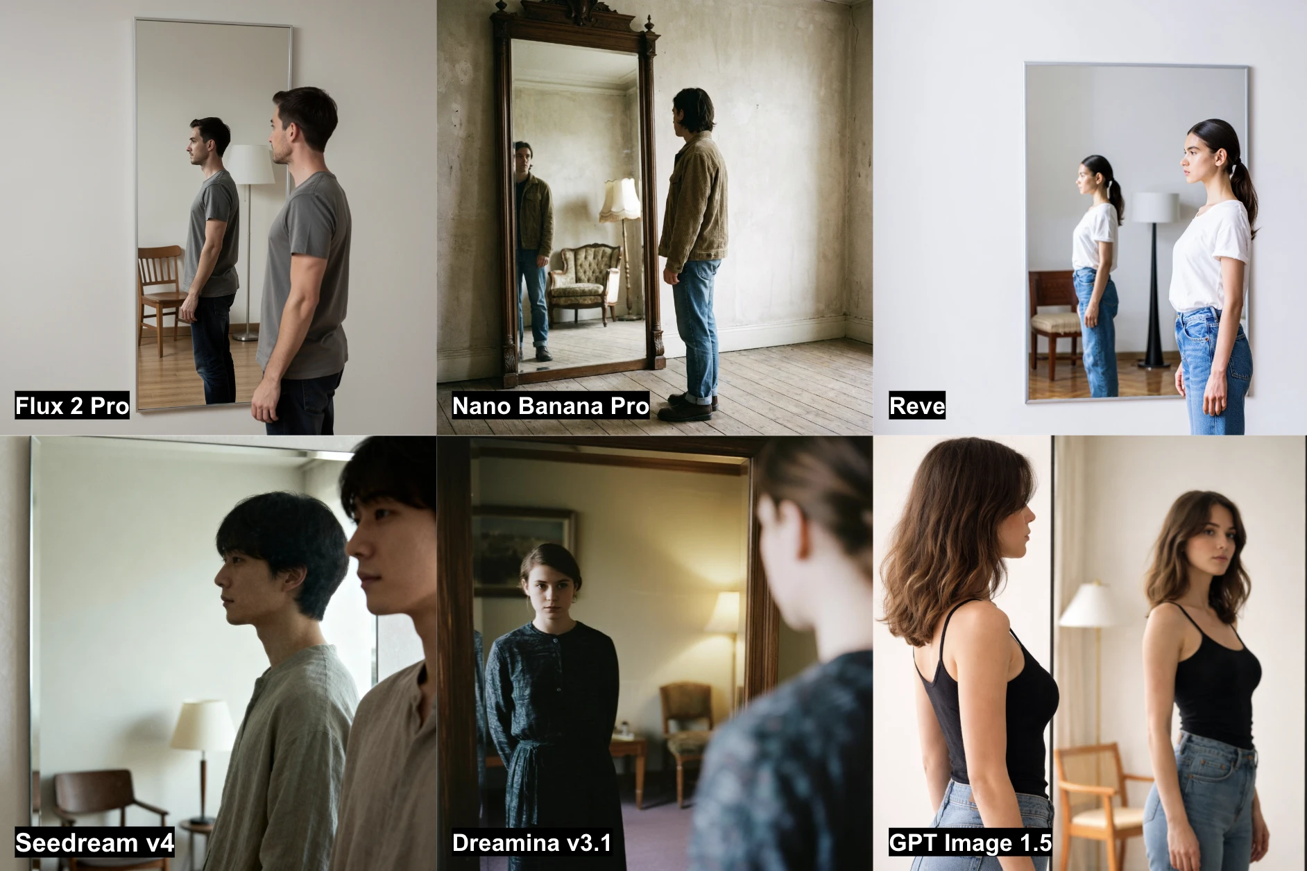 Résultats des 6 générateurs d'images IA sur la tâche du miroir, montrant une personne de profil avec des objets visibles uniquement dans le reflet. Résultats des 6 générateurs d'images IA sur la tâche du miroir, montrant une personne de profil avec des objets visibles uniquement dans le reflet.
