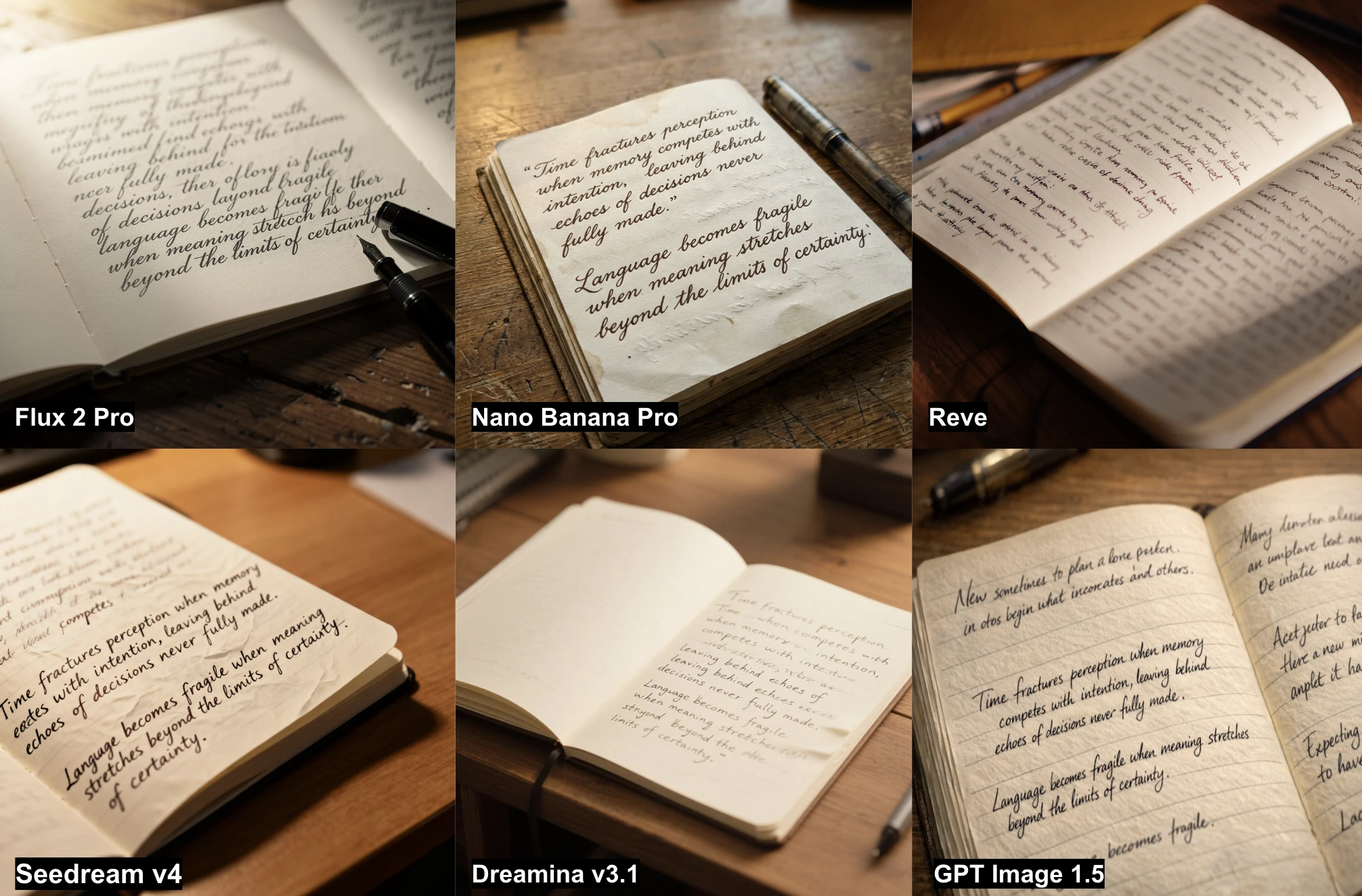 Résultats de 6 générateurs d'images IA sur la tâche du cahier, impliquant un long texte manuscrit. Résultats de 6 générateurs d'images IA sur la tâche du cahier, impliquant un long texte manuscrit.
