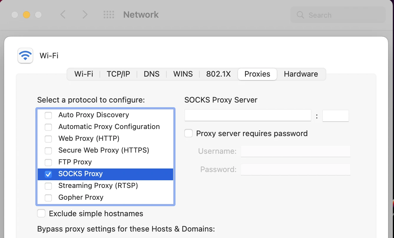 Inserindo o endereço IP e os detalhes de autenticação do servidor proxy SOCKS5 no macOS 