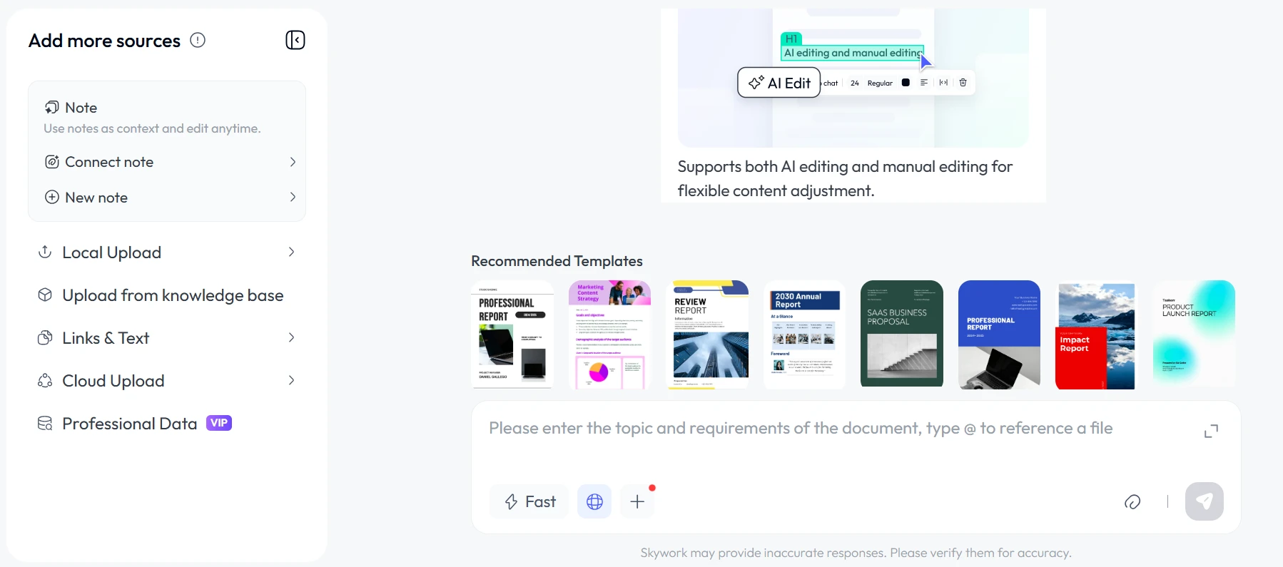 Pannello di controllo di Skywork, uno strumento di intelligenza artificiale per la creazione di documenti di testo. Pannello di controllo di Skywork, uno strumento di intelligenza artificiale per la creazione di documenti di testo.