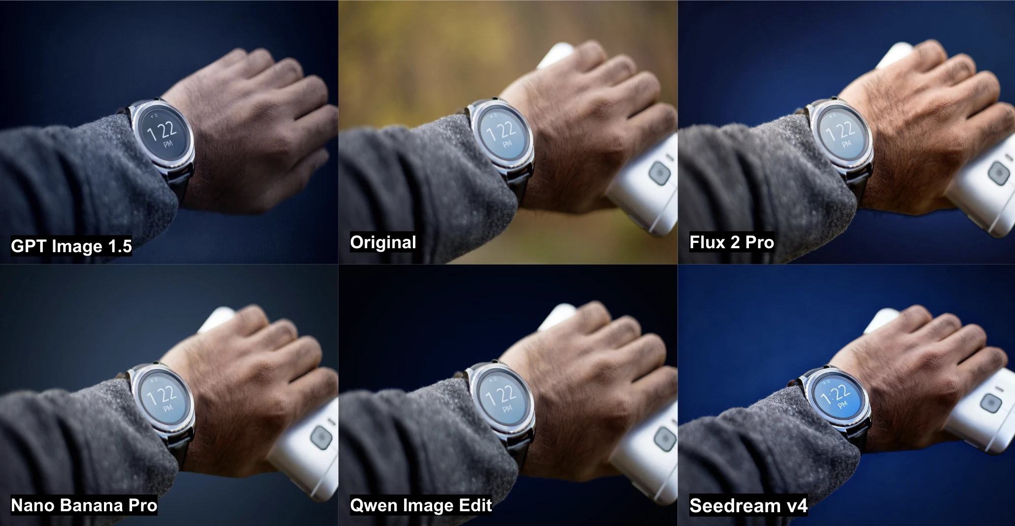 Imagen que muestra seis versiones diferentes de un reloj inteligente sobre un fondo verde difuminado.