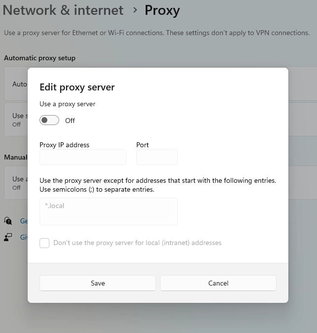 Inserir o endereço IP e a porta do proxy SOCKS5 nas configurações de proxy do Windows 