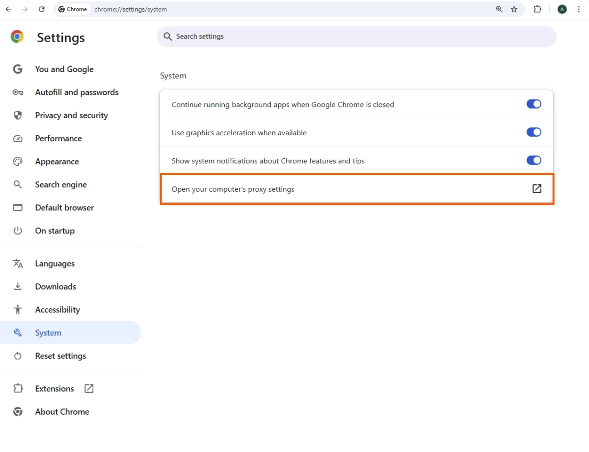 Abrindo as configurações de proxy do sistema Windows diretamente do navegador Chrome Google 