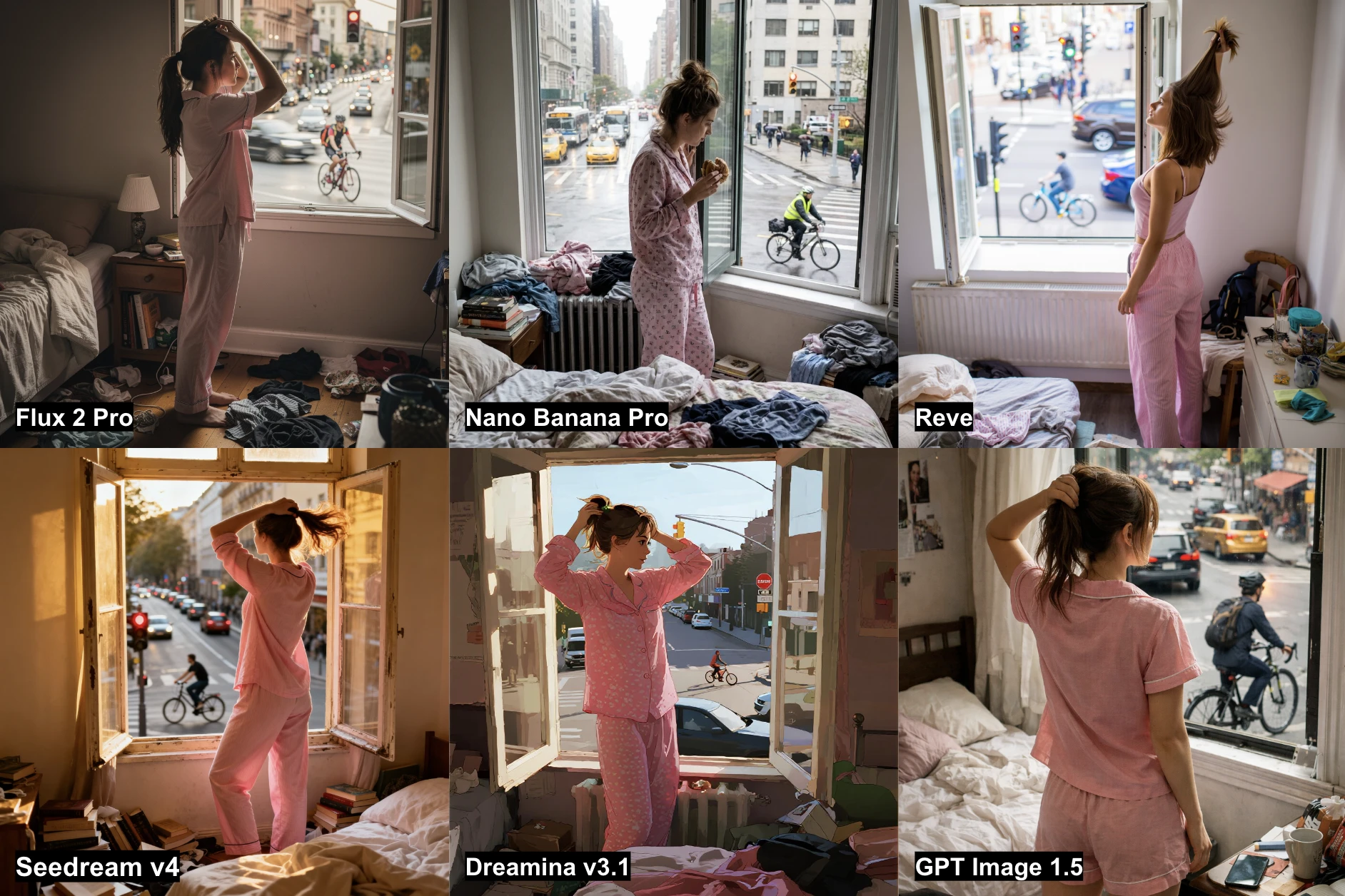 Résultats des 6 générateurs d'images IA pour une femme dans une scène intérieure-extérieure. Résultats des 6 générateurs d'images IA pour une femme dans une scène intérieure-extérieure.