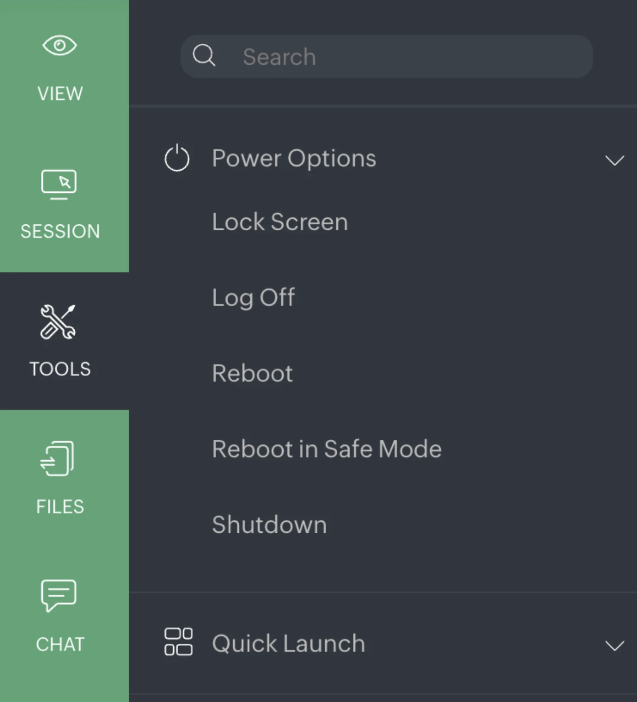 This image shows the Power Options menu within the remote session, offering lock screen, log off, reboot, safe mode reboot, and shutdown actions.