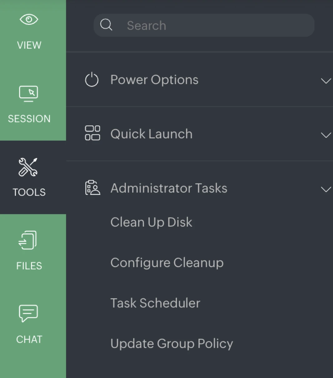 This image shows the Administrator Tasks section of the remote tools menu, including disk cleanup, task scheduler, and group policy update options.