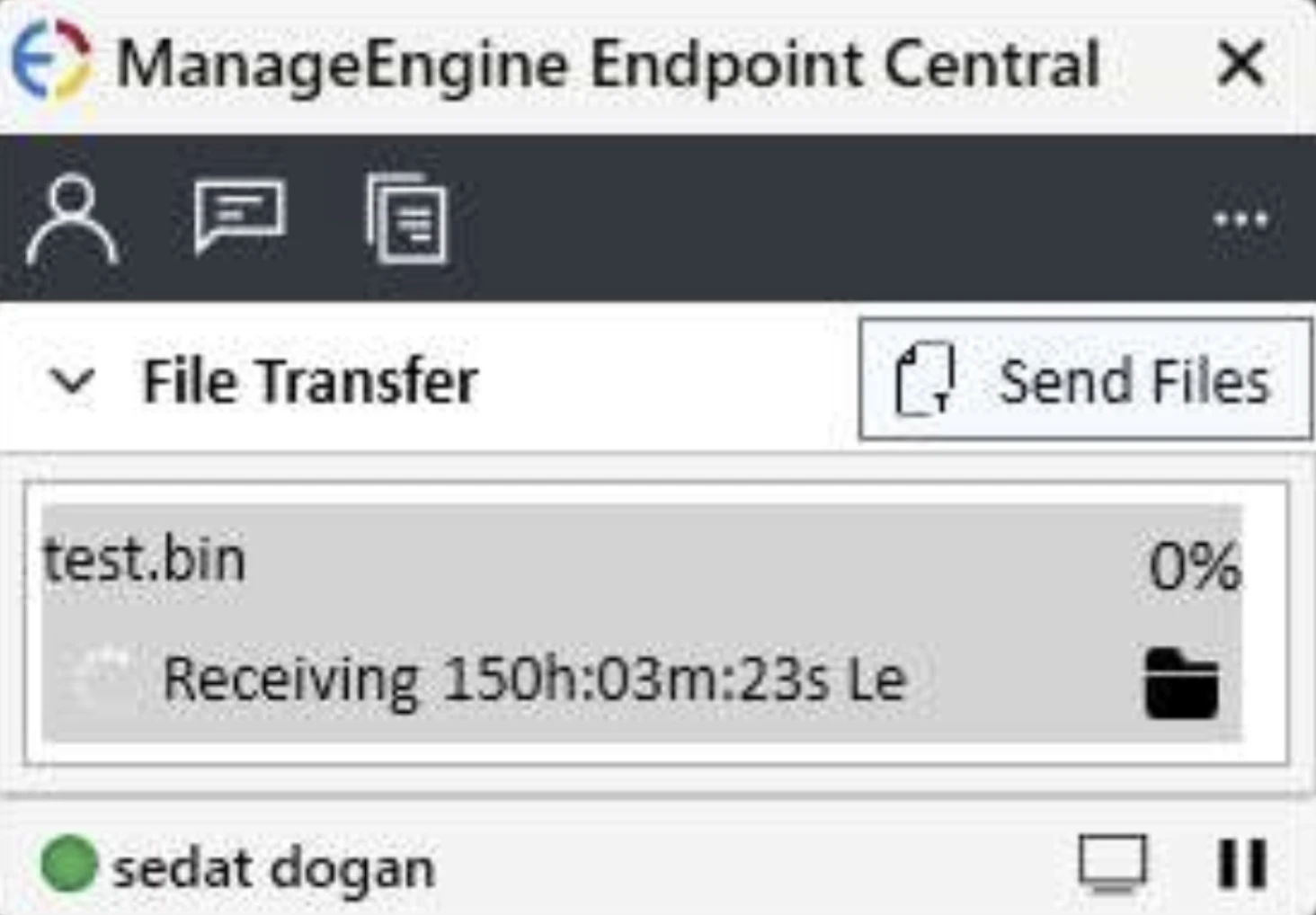 The ManageEngine Endpoint Central interface displays a file transfer in progress with a very long estimated remaining time.