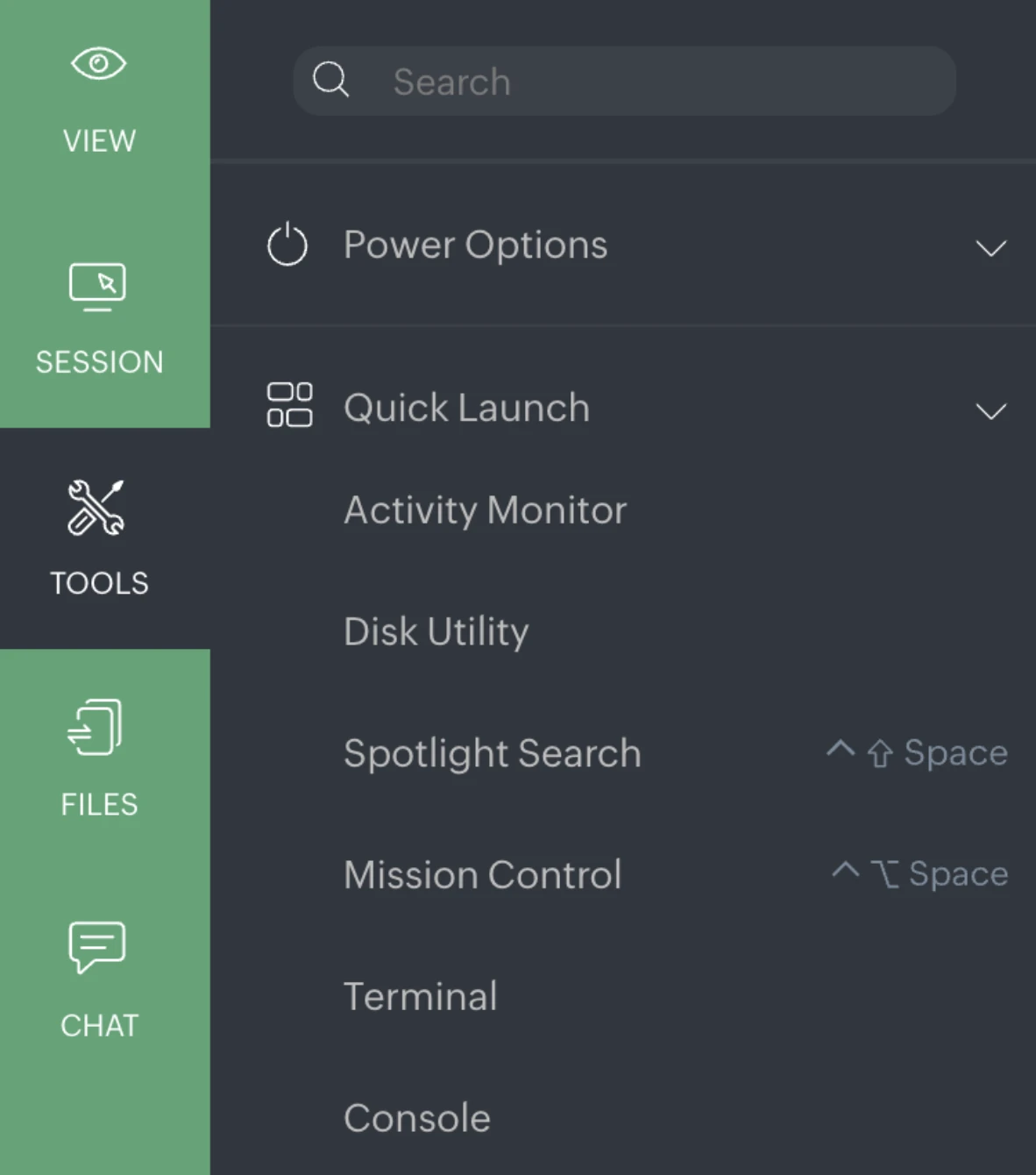This image shows an example of remote control software's Tools menu options for macOS devices.