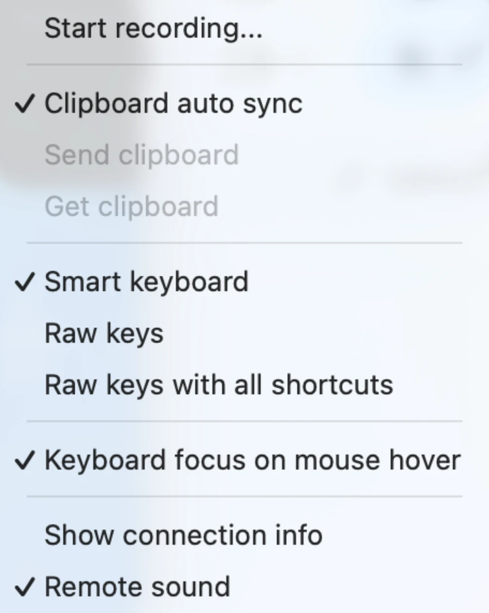 This image shows a remote session toolbar menu, where clipboard sync, keyboard input modes, connection info, sound, and recording options can be toggled.
