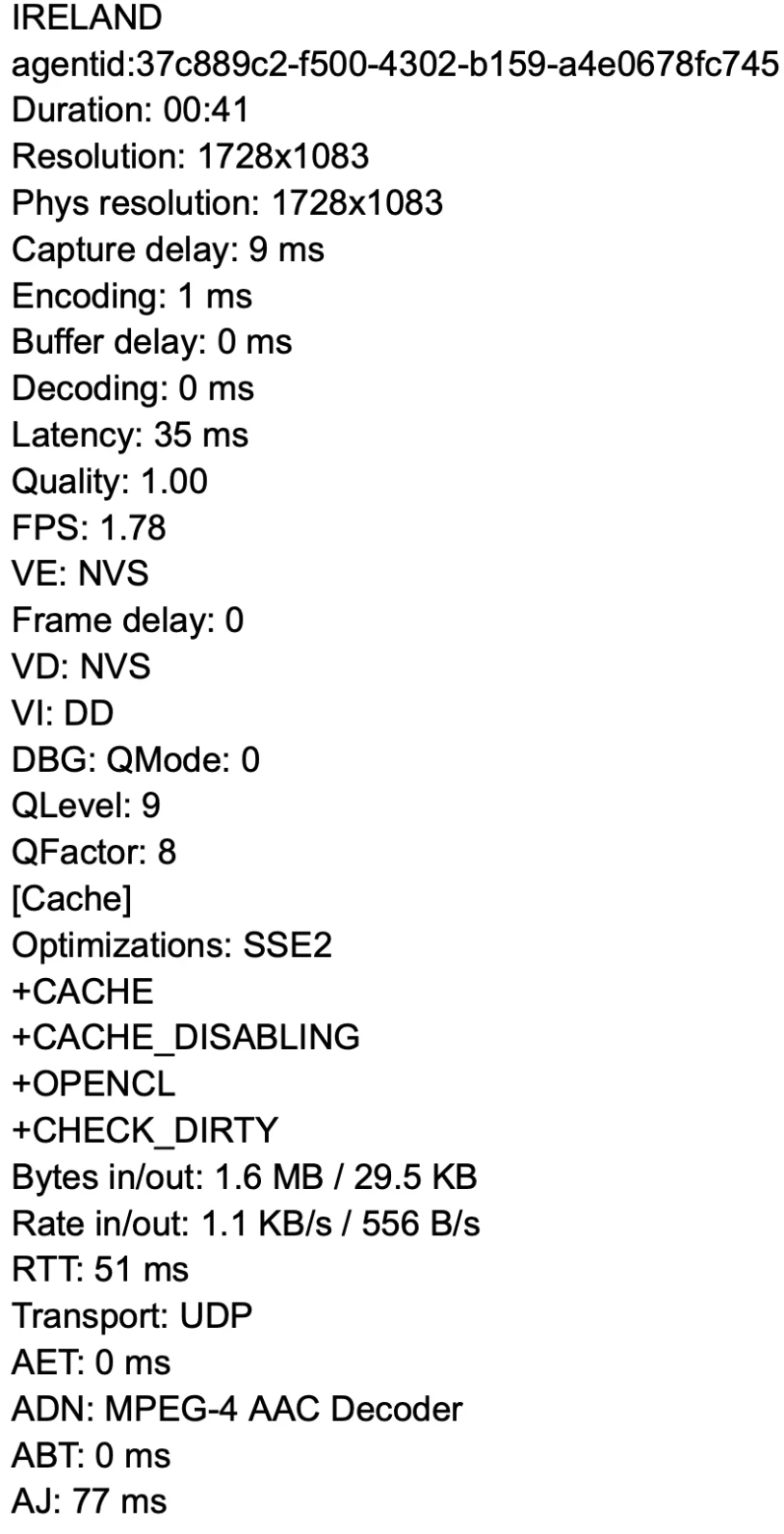 This image shows a detailed remote session performance and diagnostics overlay, including latency, FPS, encoding/decoding times, transport protocol, and bandwidth usage.