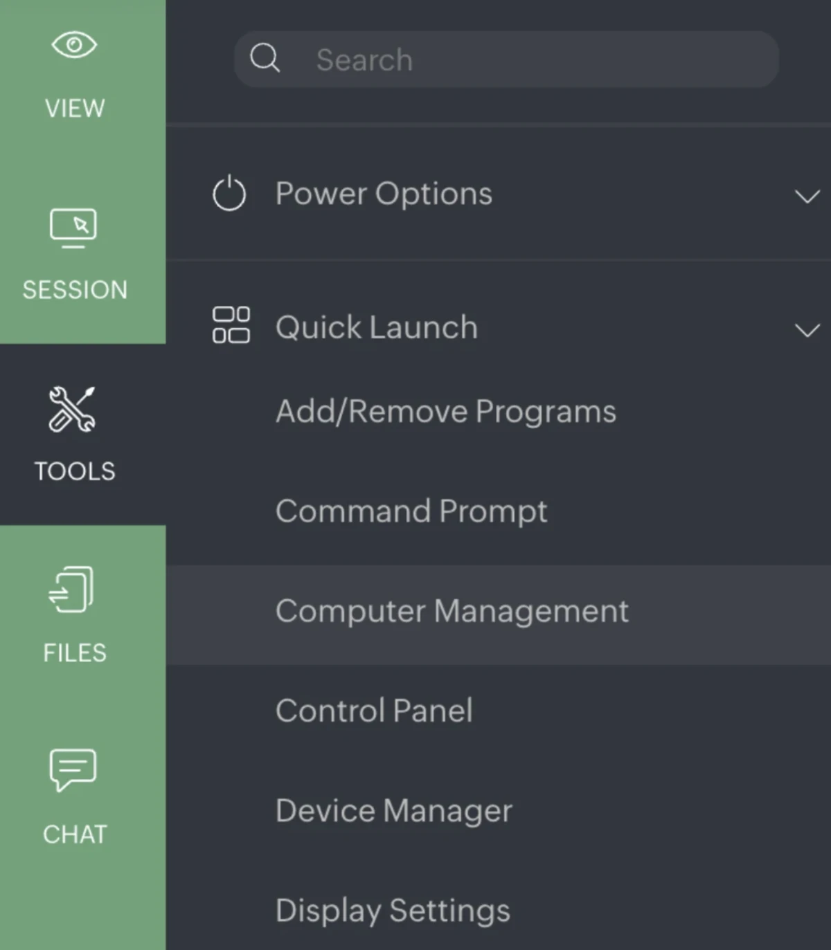 This image shows the remote session sidebar menu with quick access to power options, quick launch tools, system utilities, and display settings.