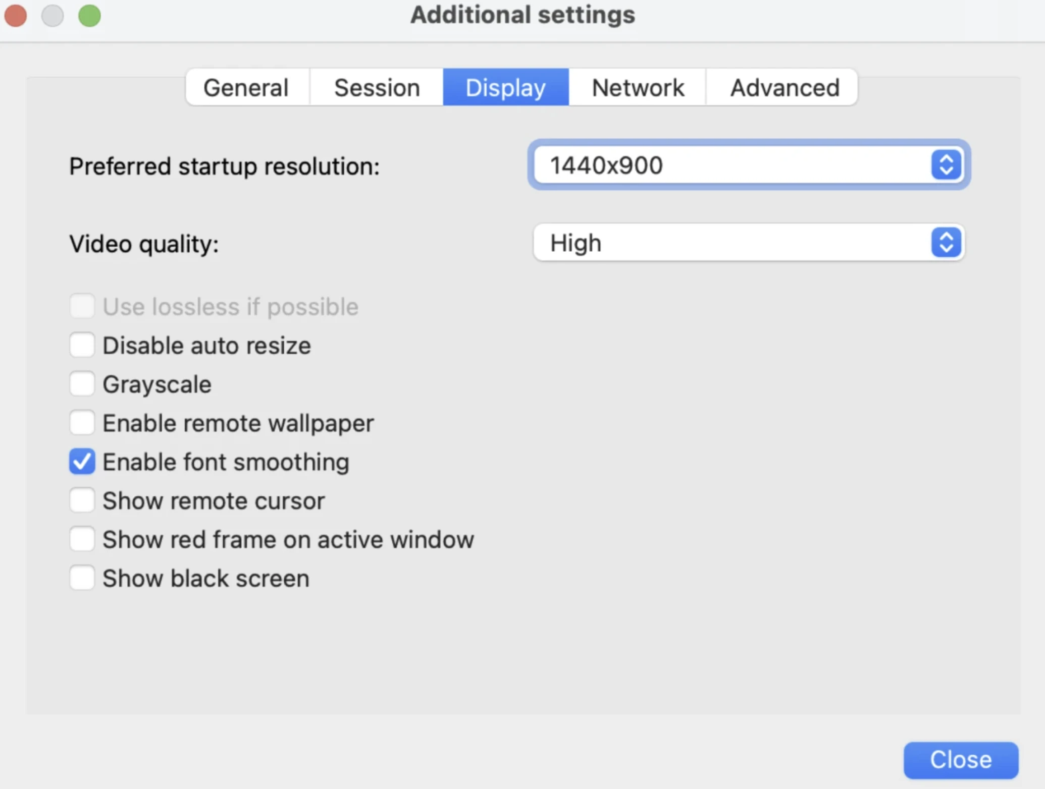 This image displays the Display settings, allowing control over screen resolution, video quality, and visual options like font smoothing.