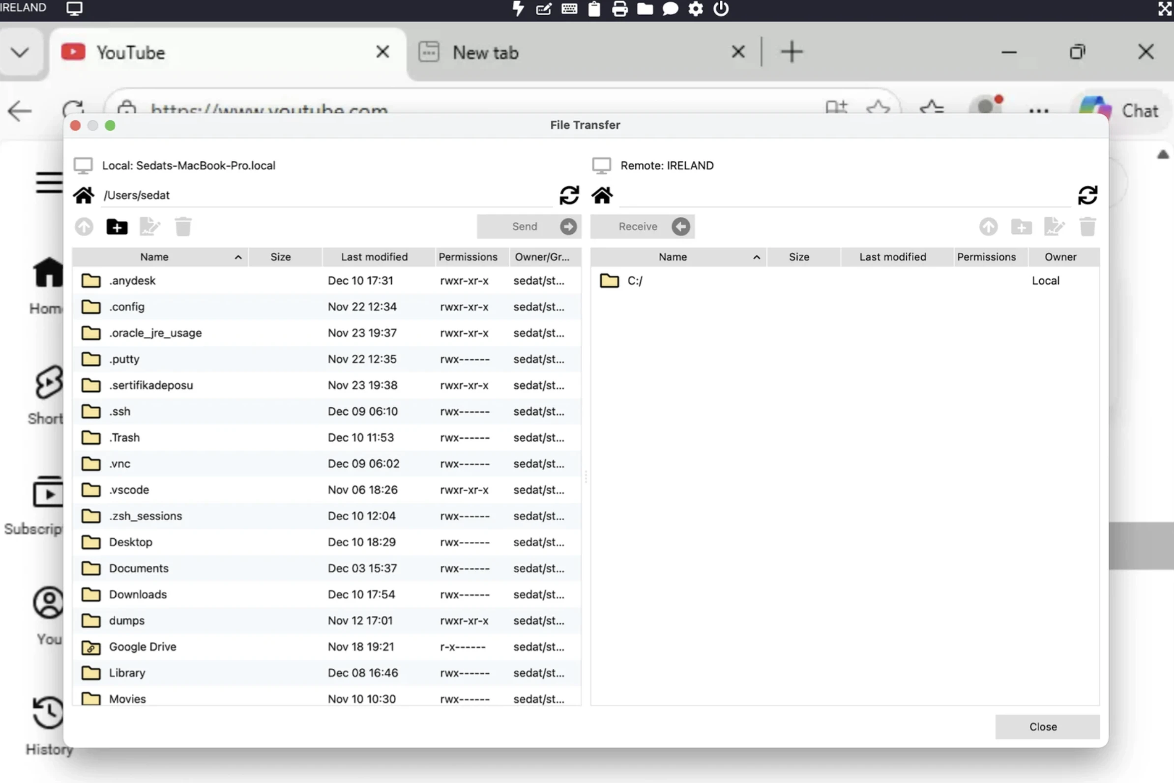 This image shows the File Transfer browser view, displaying local macOS directories on the left and the remote Windows C:\ drive on the right.
