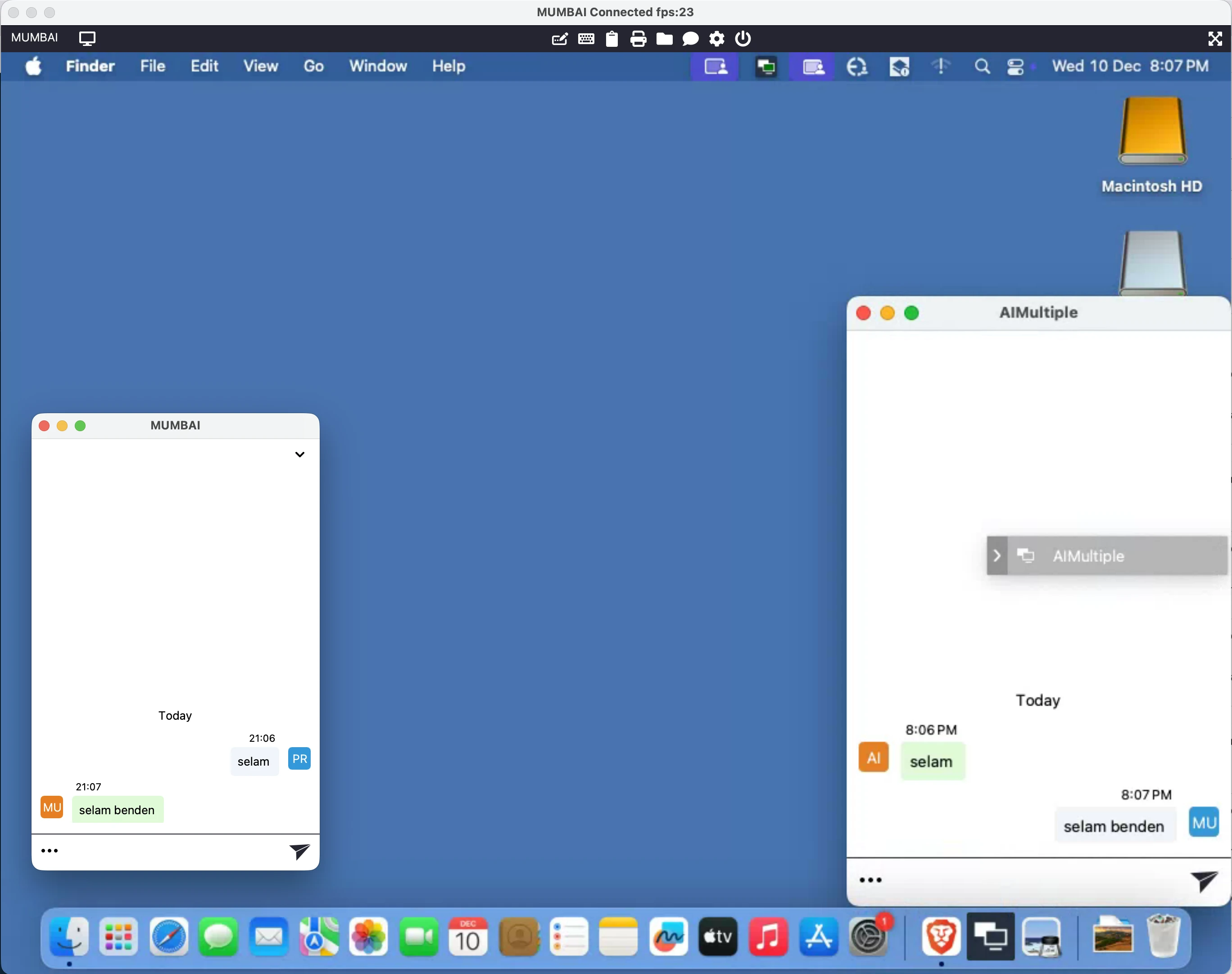 This image shows a macOS desktop with two chat pop-ups.