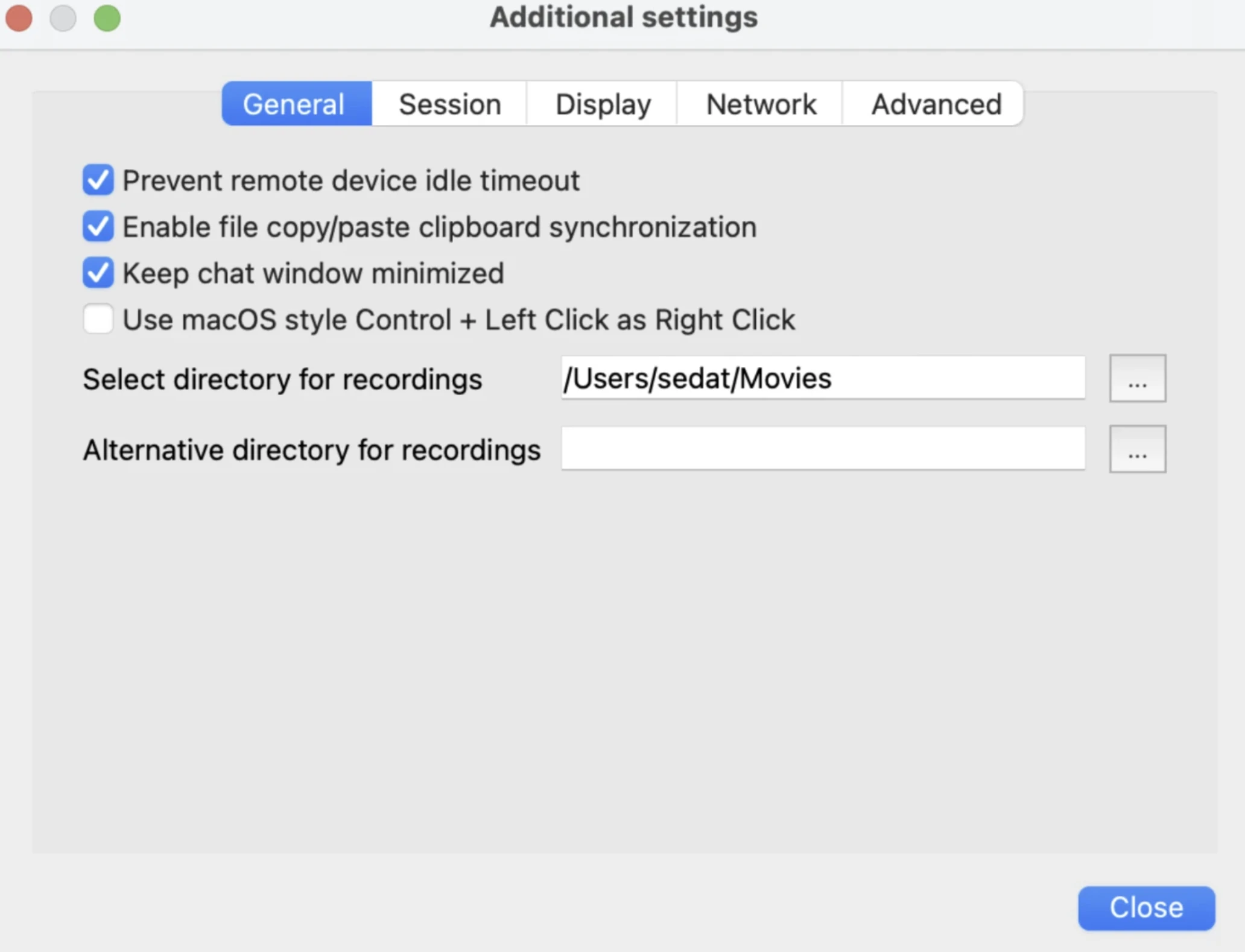 This image presents the General settings, including idle timeout prevention, clipboard file transfer, chat behavior, and recording directories.