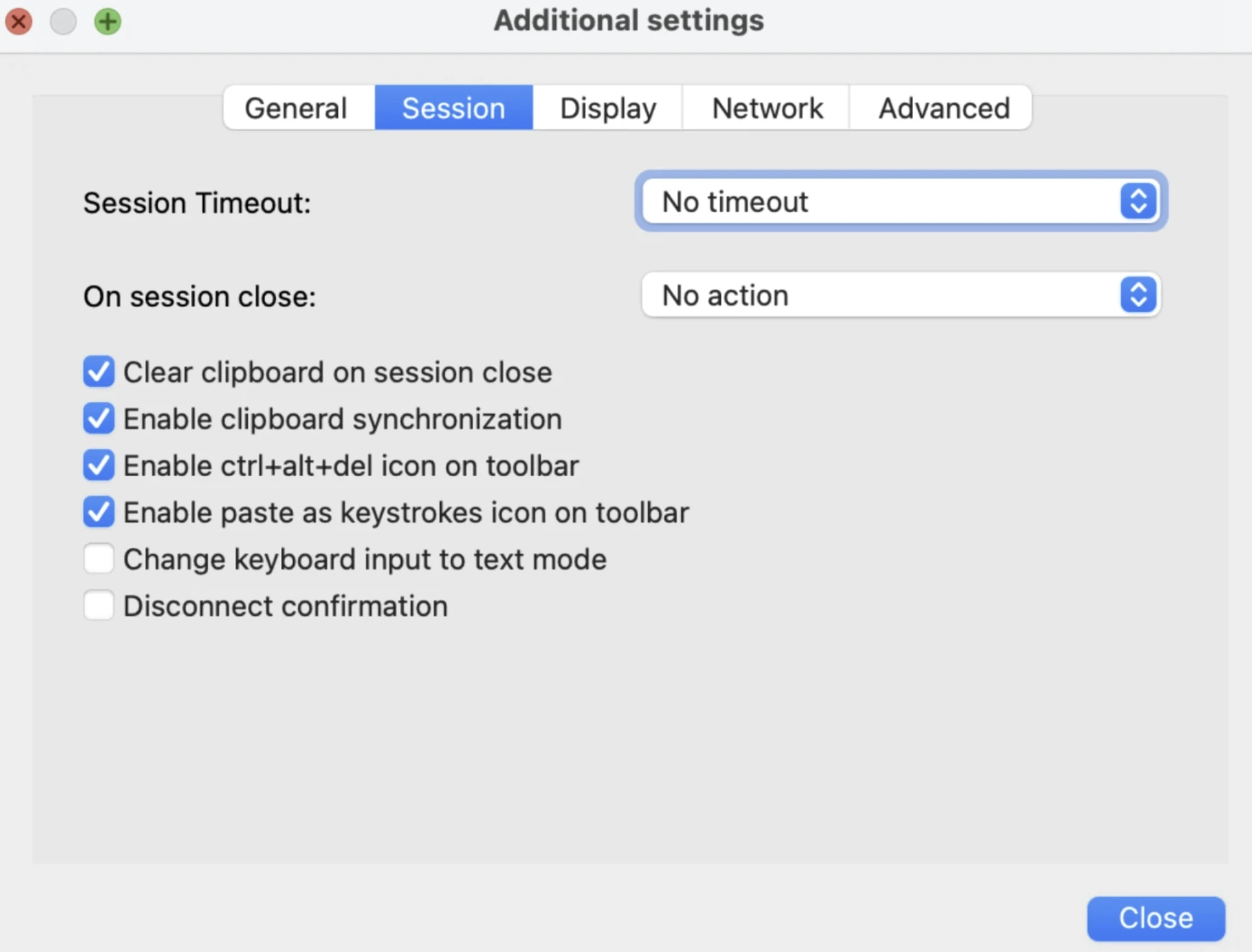 This image shows the Session settings, which configure session timeout behavior, clipboard synchronization, and toolbar shortcuts.