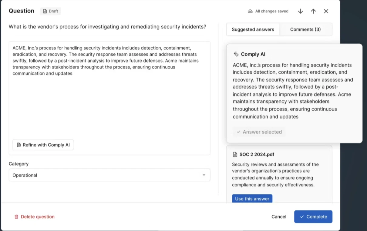 A imagem mostra como um software de GRC com IA, como o Secureframe, pode usar IA para o gerenciamento de riscos de terceiros.
