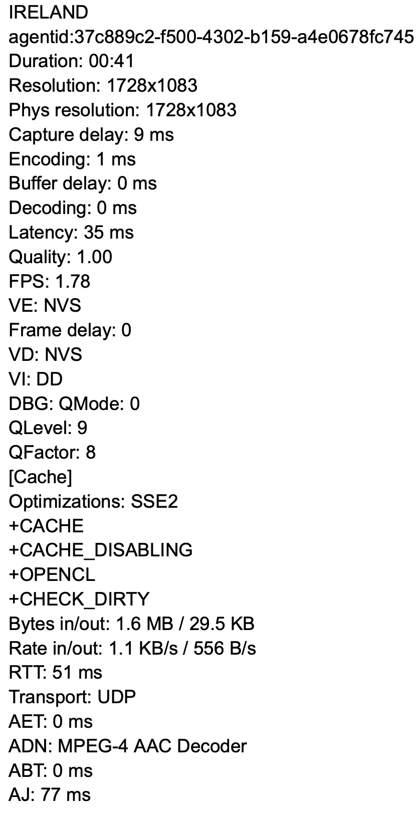This image shows a detailed remote session performance and diagnostics overlay, including latency, FPS, encoding/decoding times, transport protocol, and bandwidth usage.