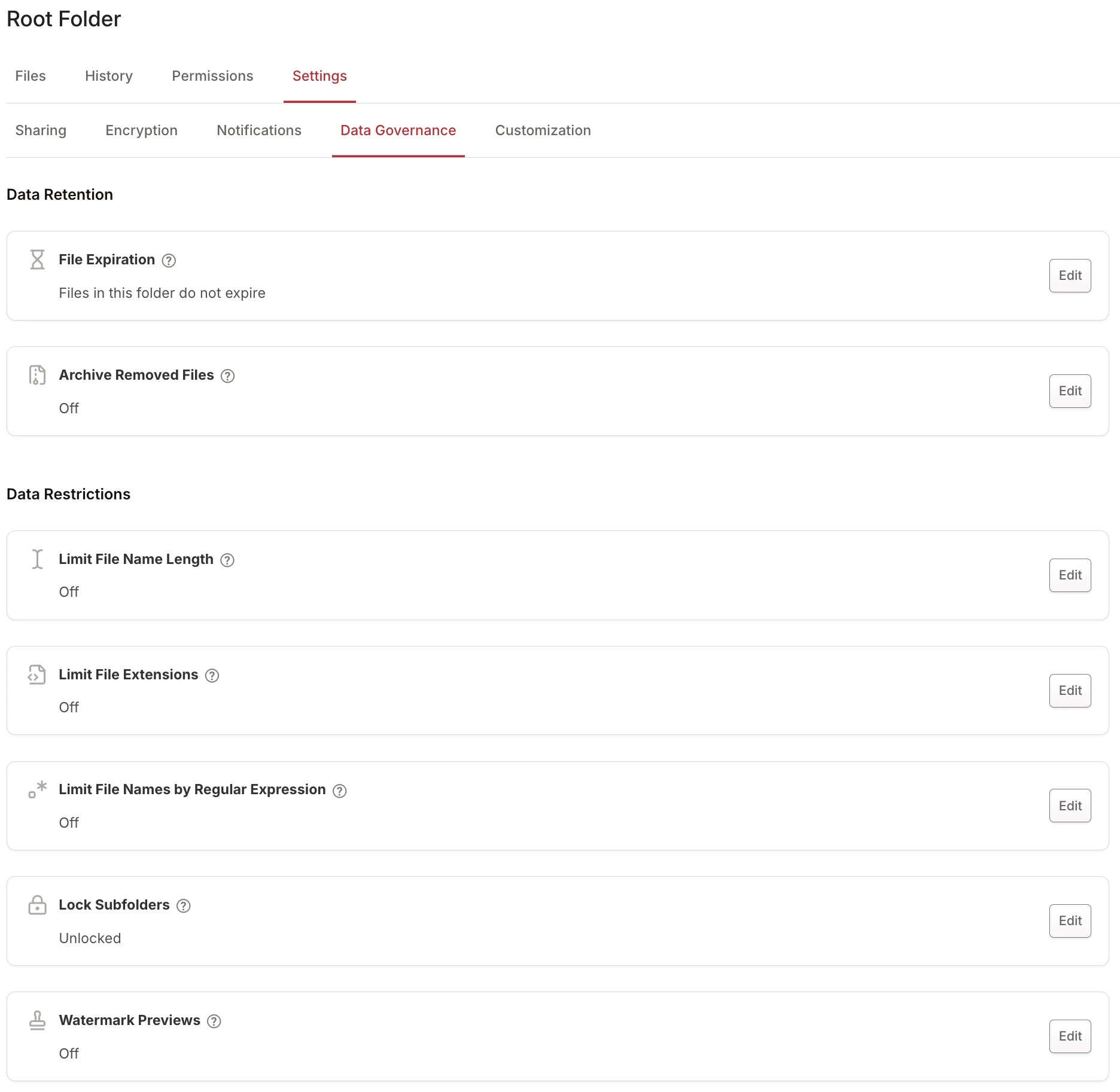 Sous-section Data Governance montrant toutes les options de rétention et de restriction