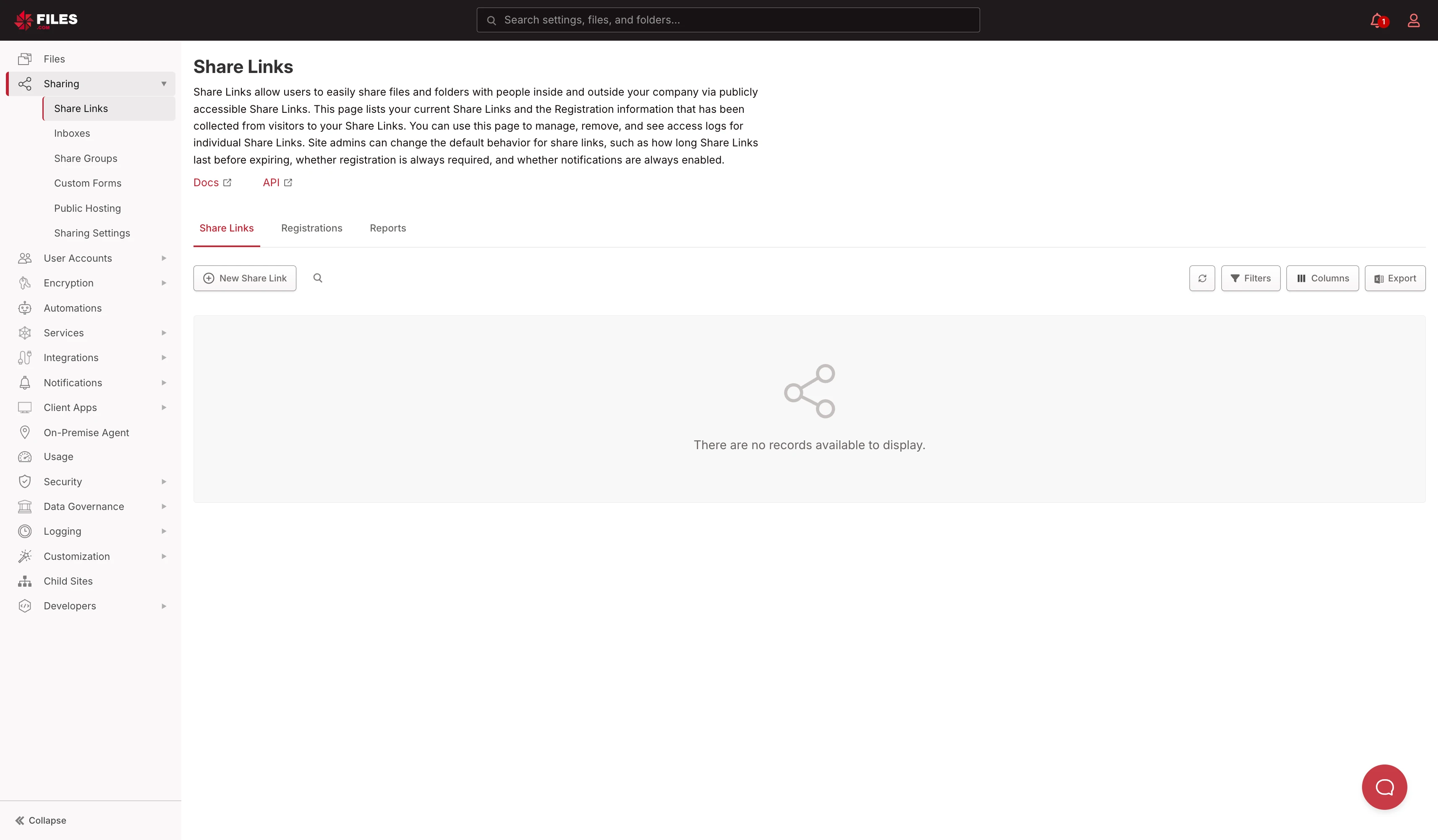 Share Links page, empty list, sub-menu expanded in sidebar Share Links page, empty list, sub-menu expanded in sidebar