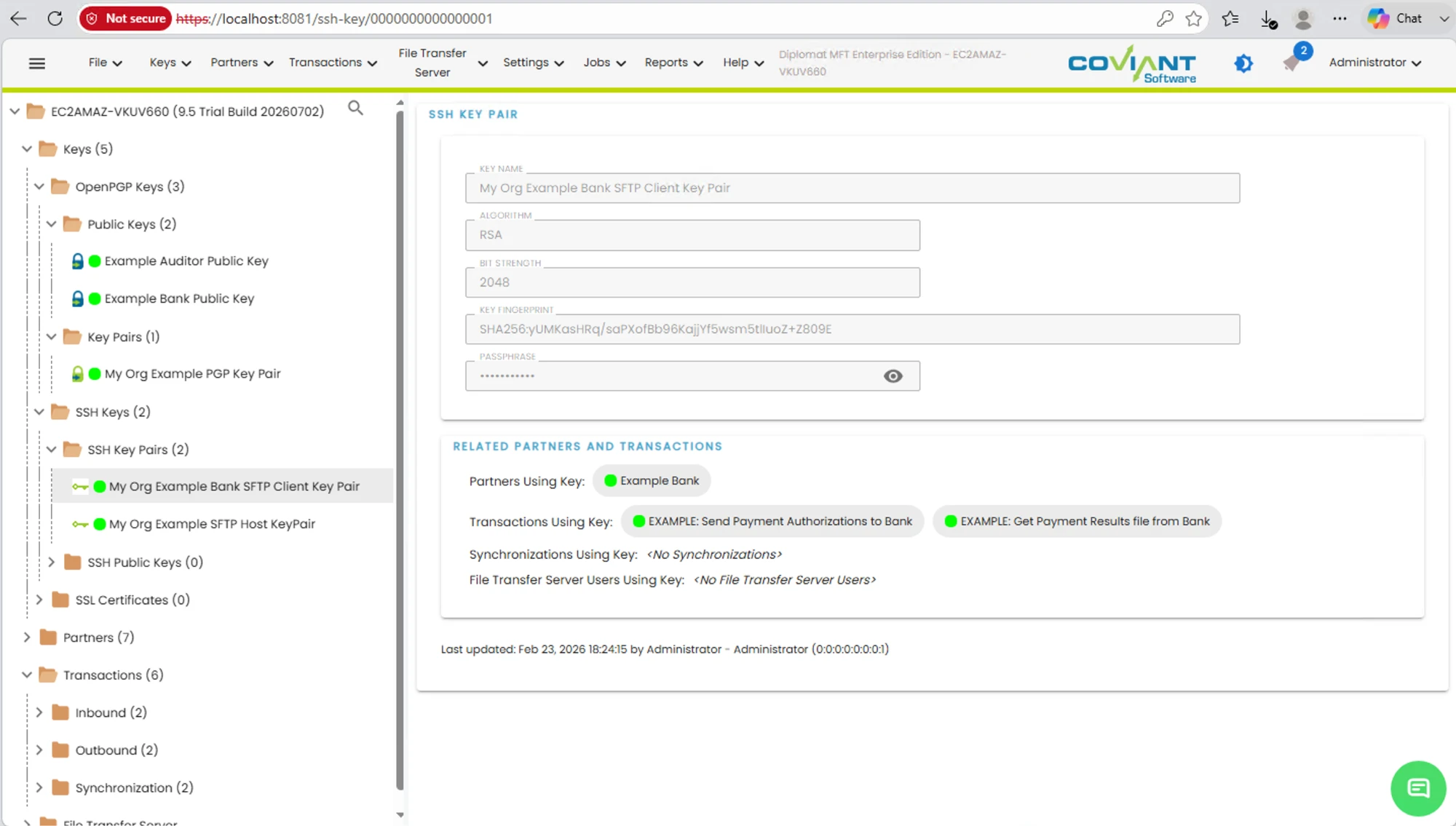 Detalle del Bank SFTP Client Key Pair, Socios y Transacciones Relacionados