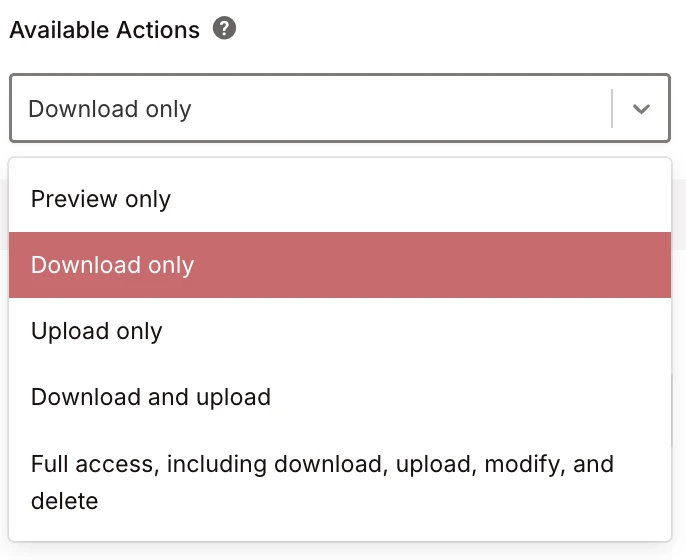 available actions dropdown expanded showing all five permission levels available actions dropdown expanded showing all five permission levels