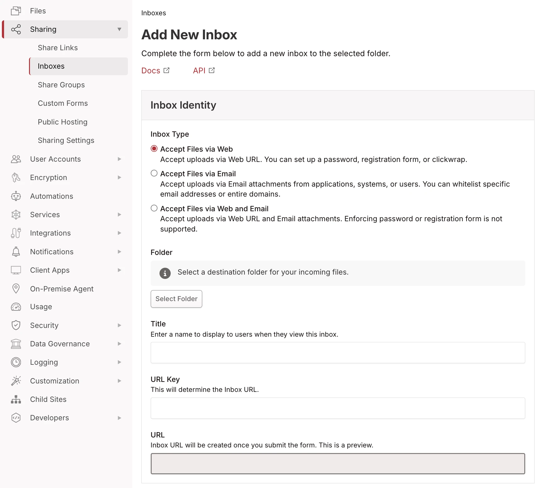 Add New Inbox form showing the three inbox type options Add New Inbox form showing the three inbox type options