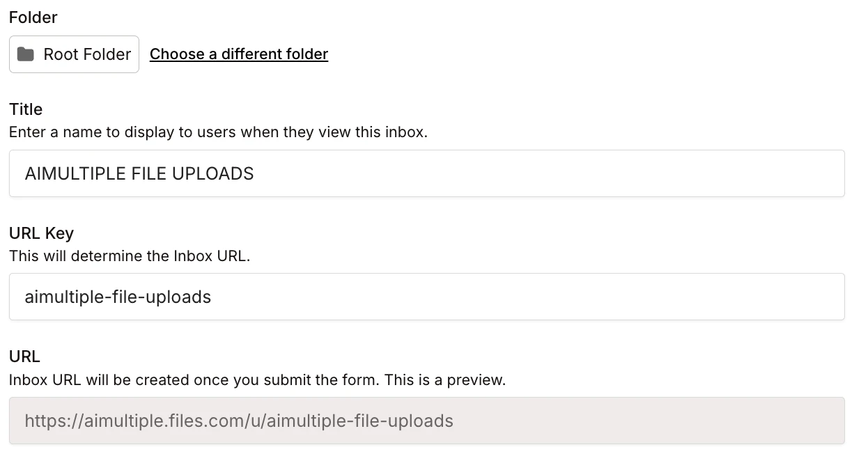 [IMAGE 16 – Inbox form showing title "AIMULTIPLE FILE UPLOADS", URL key "aimultiple-file-uploads", and URL preview https://aimultiple.files.com/u/aimultiple-file-uploads]
