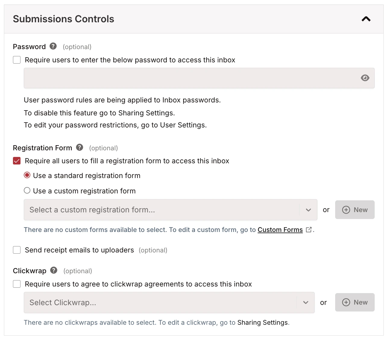 Submissions Controls section showing Password, Registration Form, and Clickwrap options Submissions Controls section showing Password, Registration Form, and Clickwrap options