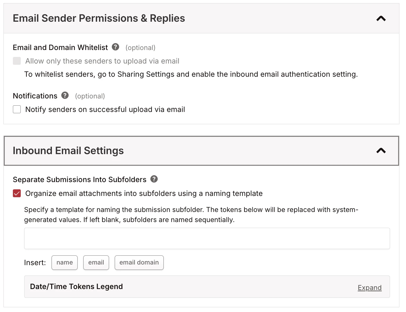 Email Sender Permissions & Replies and Inbound Email Settings sections Email Sender Permissions & Replies and Inbound Email Settings sections
