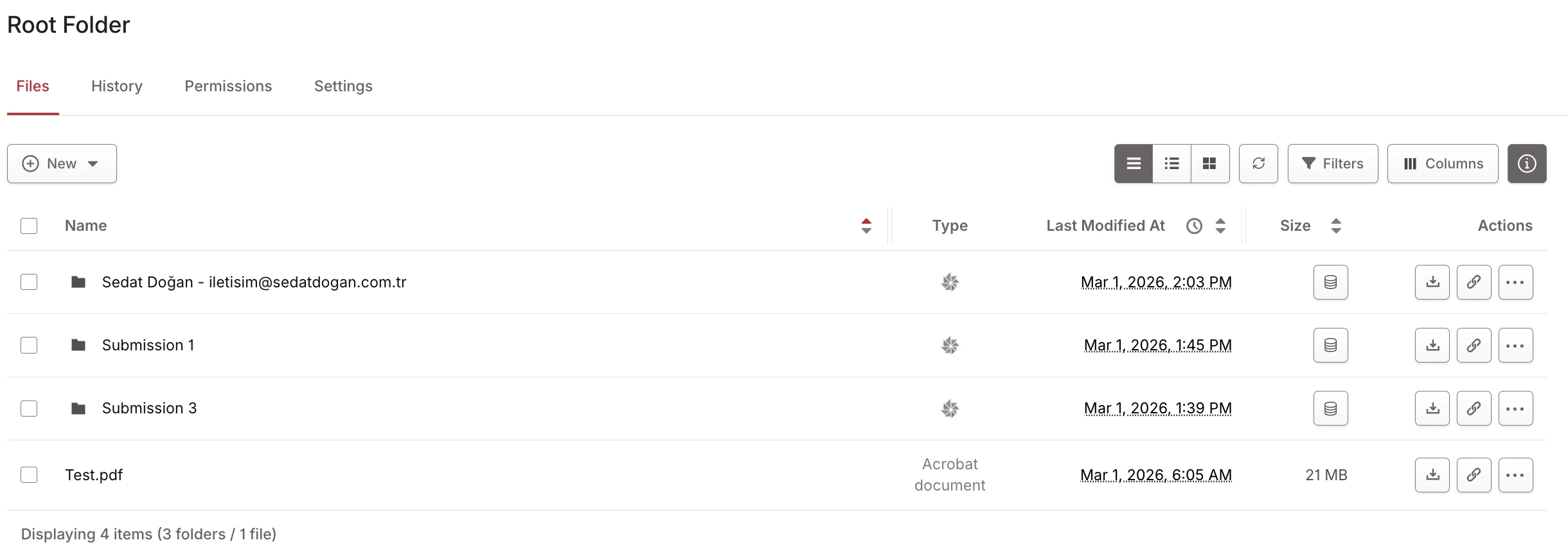 root Folder showing three submission subfolders: Submission 1, Submission 3, plus Test.pdf root Folder showing three submission subfolders: Submission 1, Submission 3, plus Test.pdf